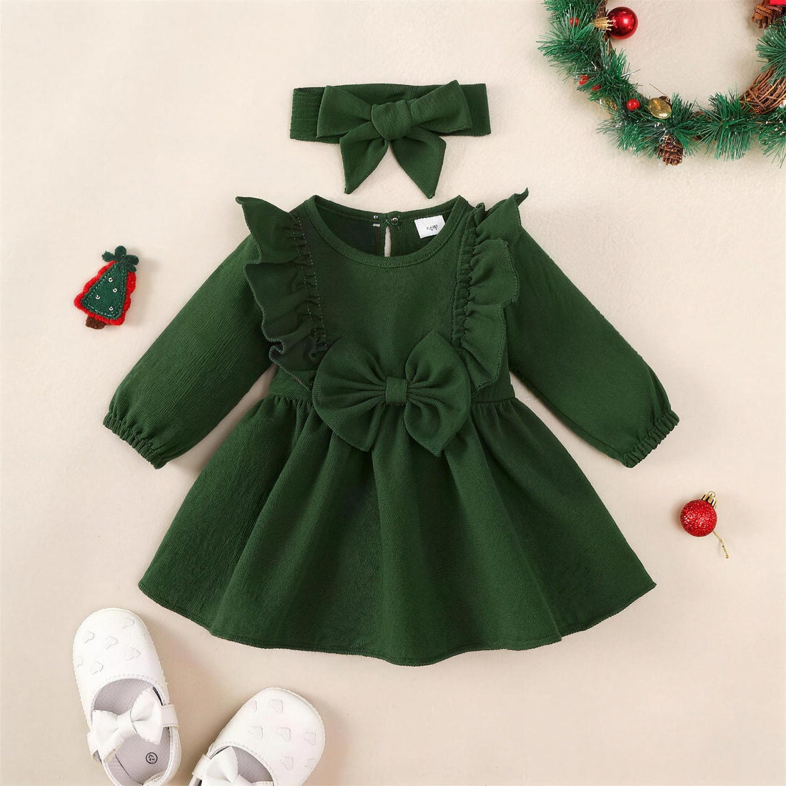 Sage Green Ruffle Bow Dress & Headband - front, professional white-background product photo