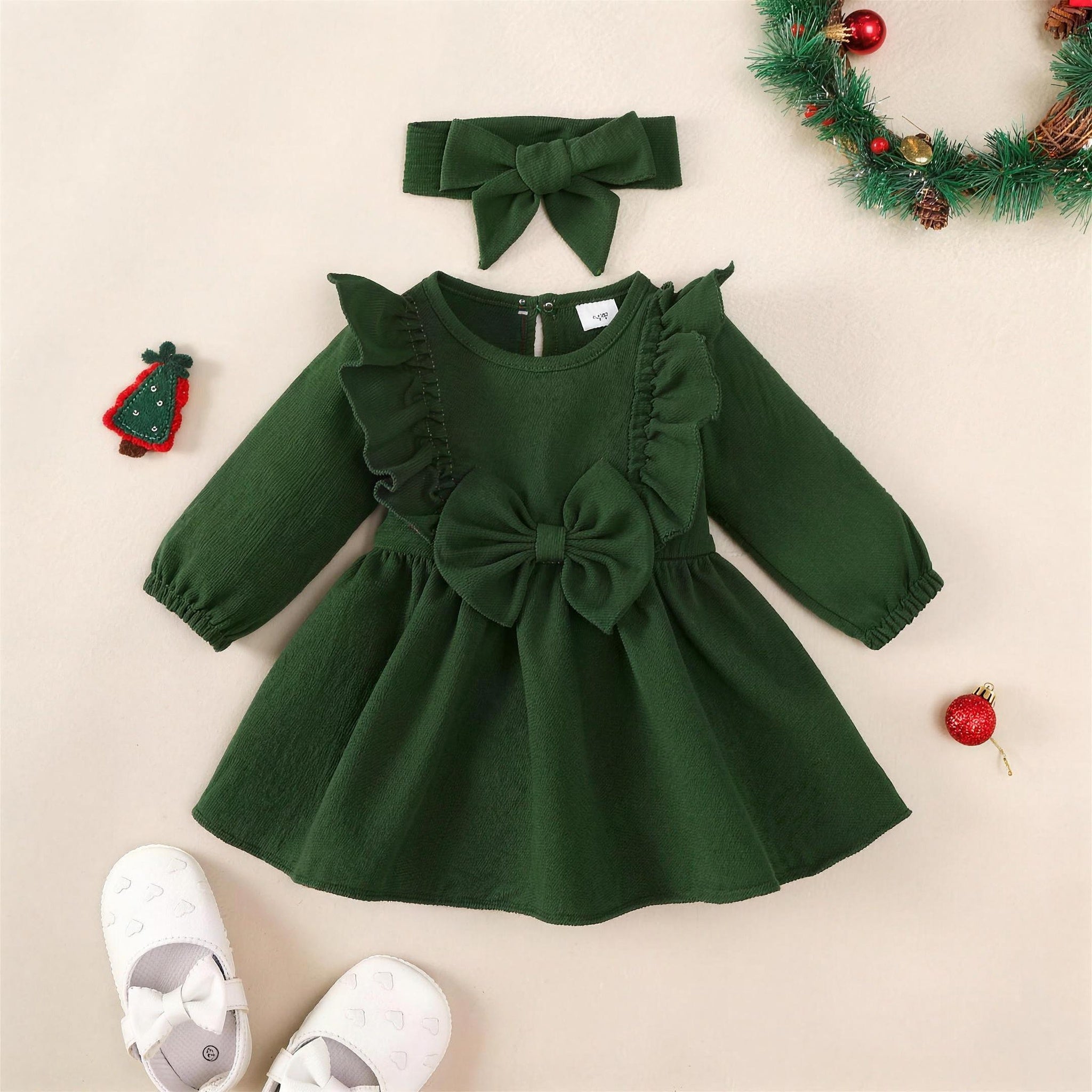 Sage Green Ruffle Bow Dress & Headband - front, professional photo