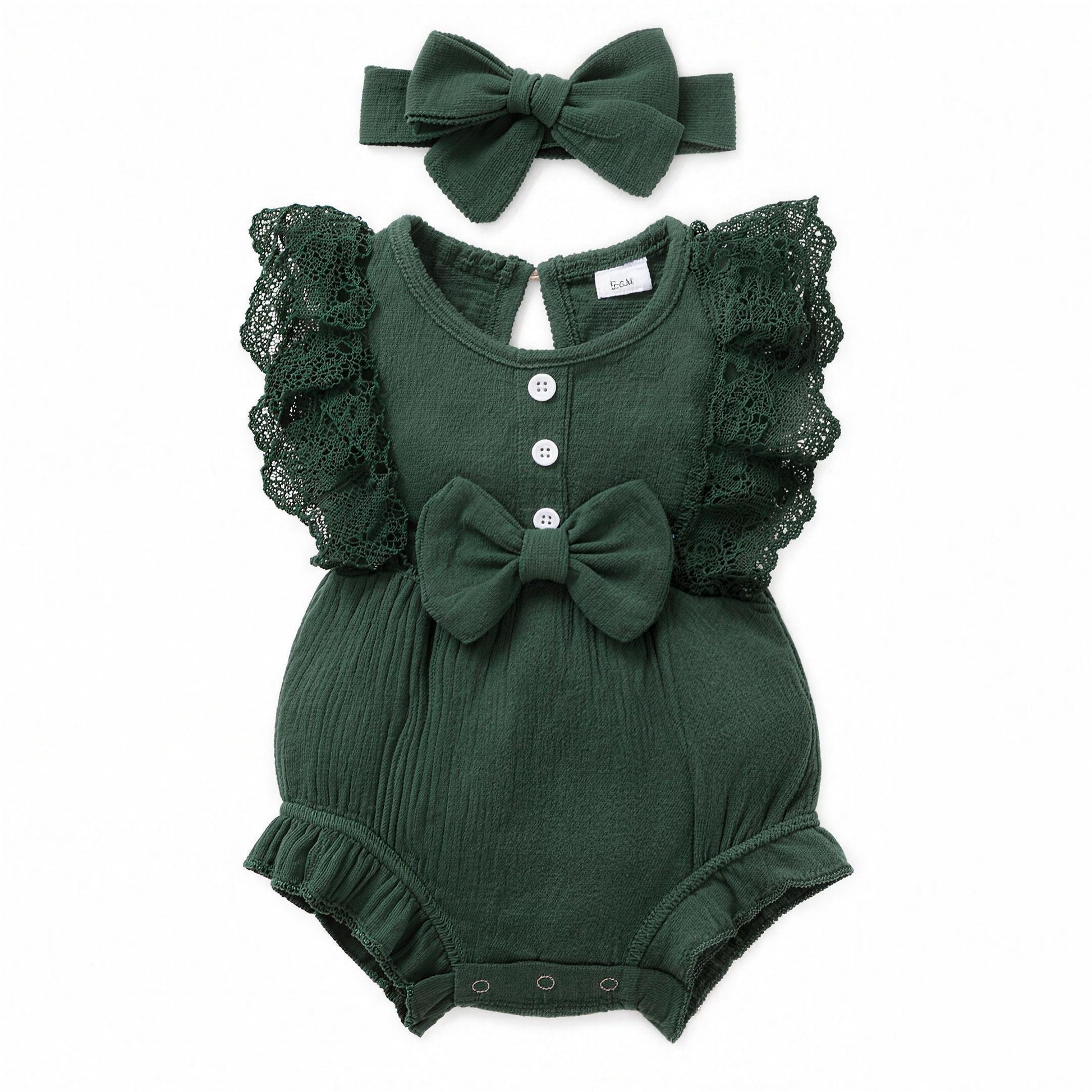 Lace Bow Romper Set - Green - professional studio photo