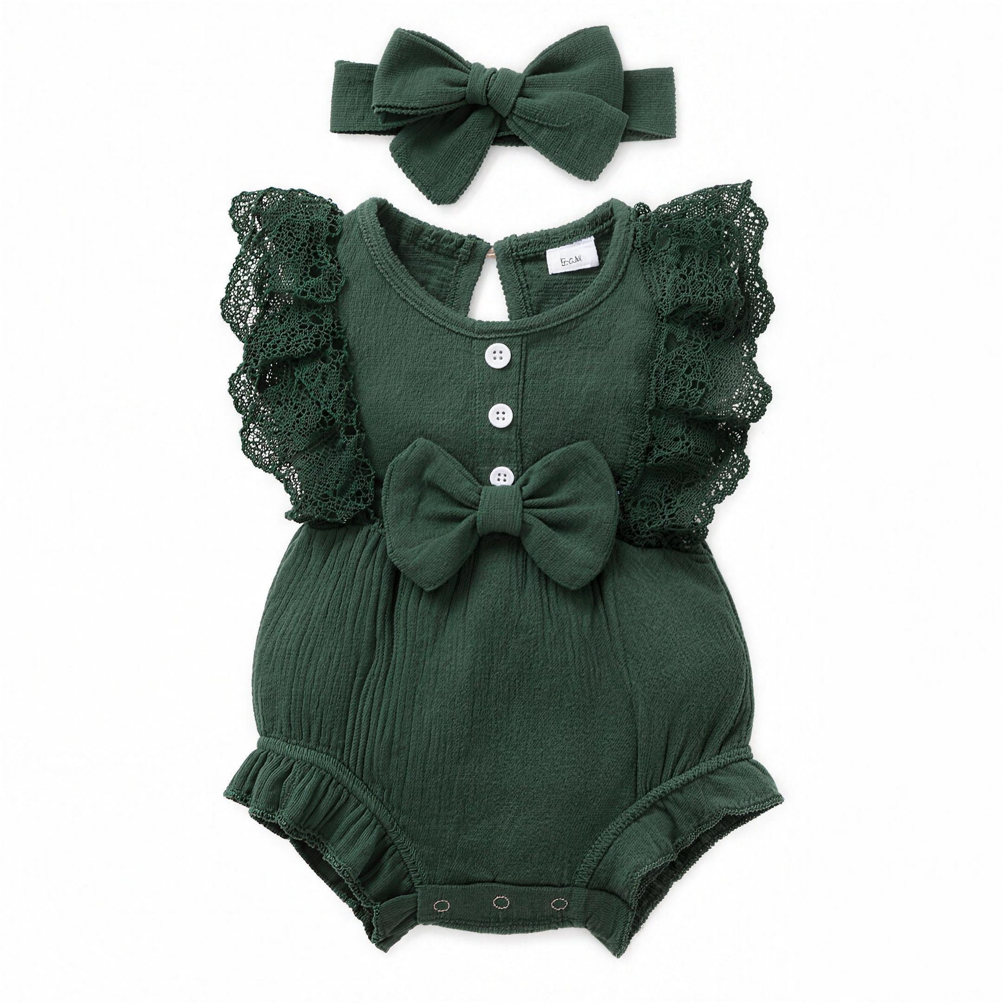 Lace Bow Romper Set - Green - professional studio photo