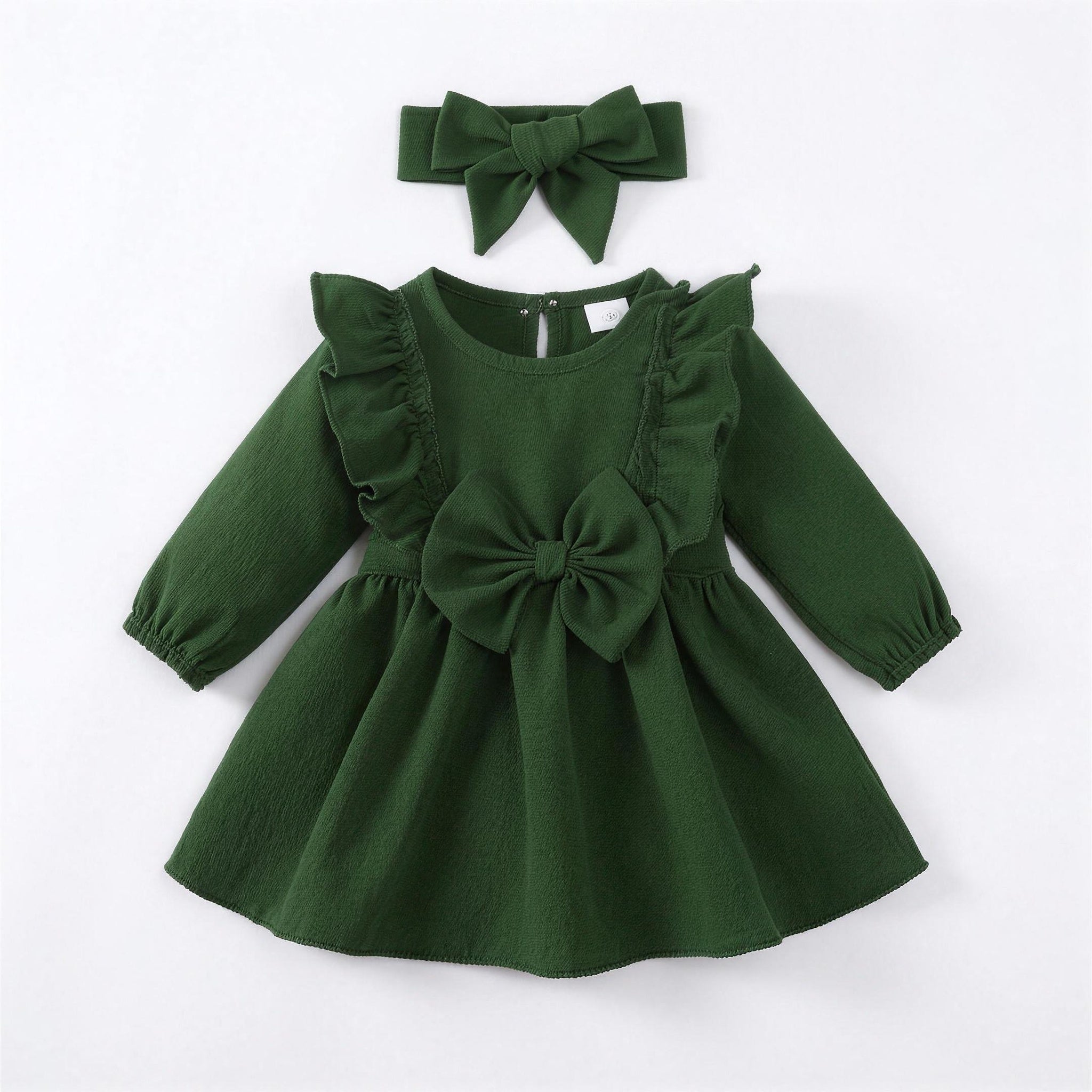 Sage Green Ruffle Bow Dress & Headband - front, professional white-background product photo
