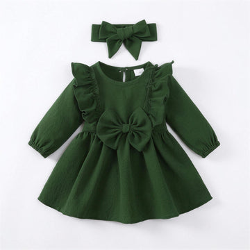 Sage Green Ruffle Bow Dress & Headband - front, professional white-background product photo