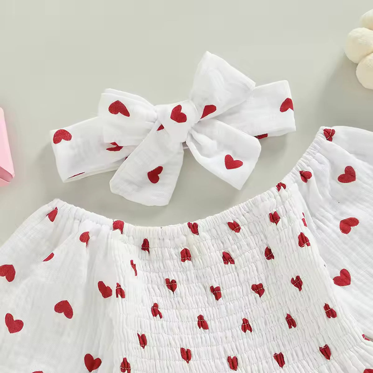 Heart Gauze Romper Set - headband bow detail