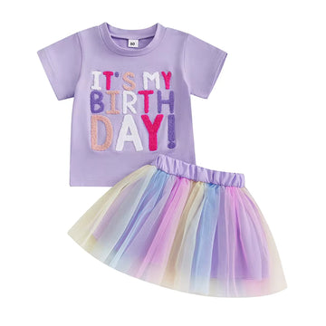 It's My Birthday Tulle Skirt Set - chenille letter tee and rainbow tulle skirt