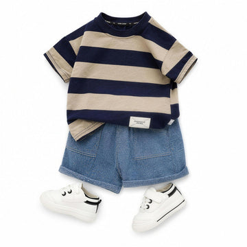 Navy Stripe Denim Set - professional product photo on white background