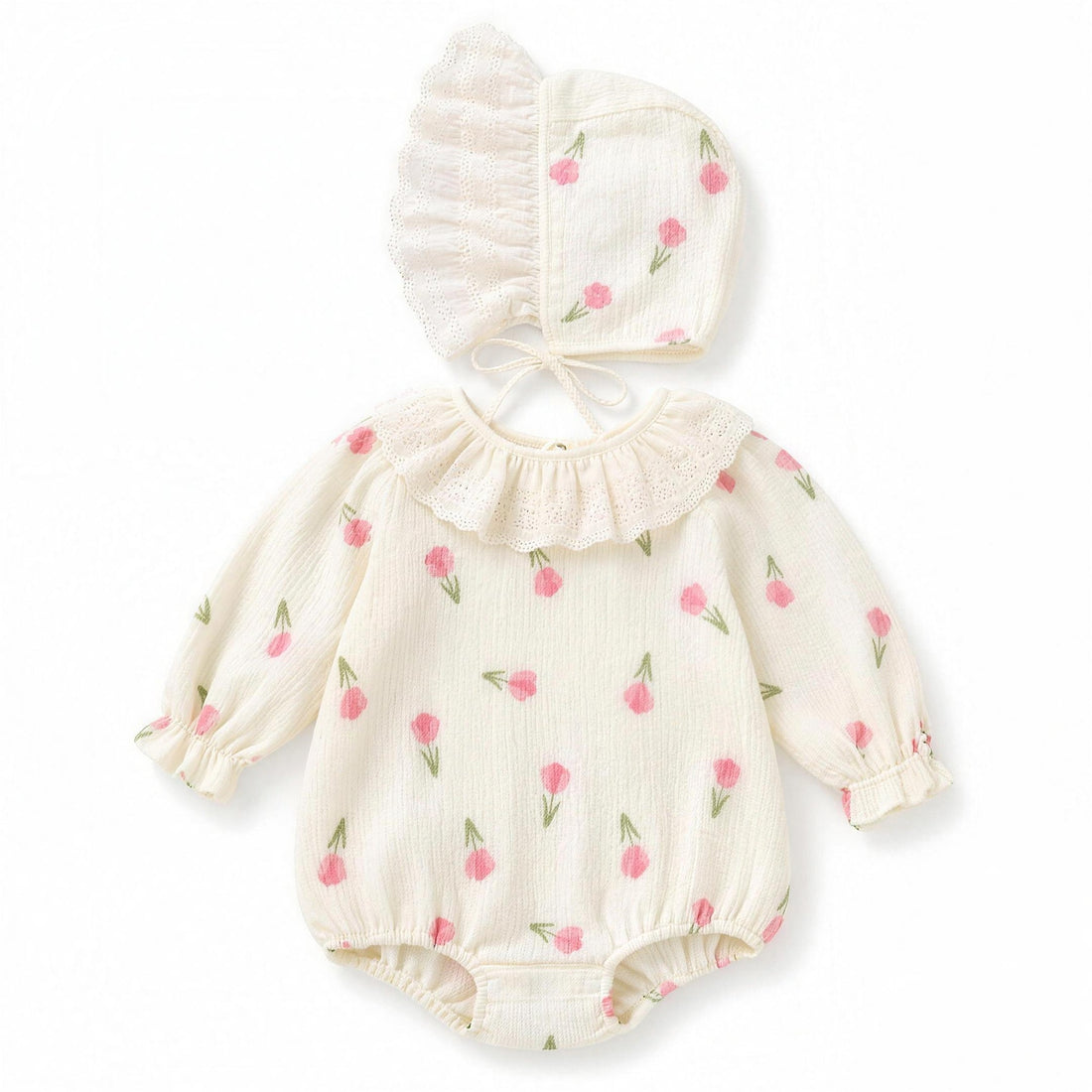 Tulip Print Bonnet Romper - professional product photo on white background