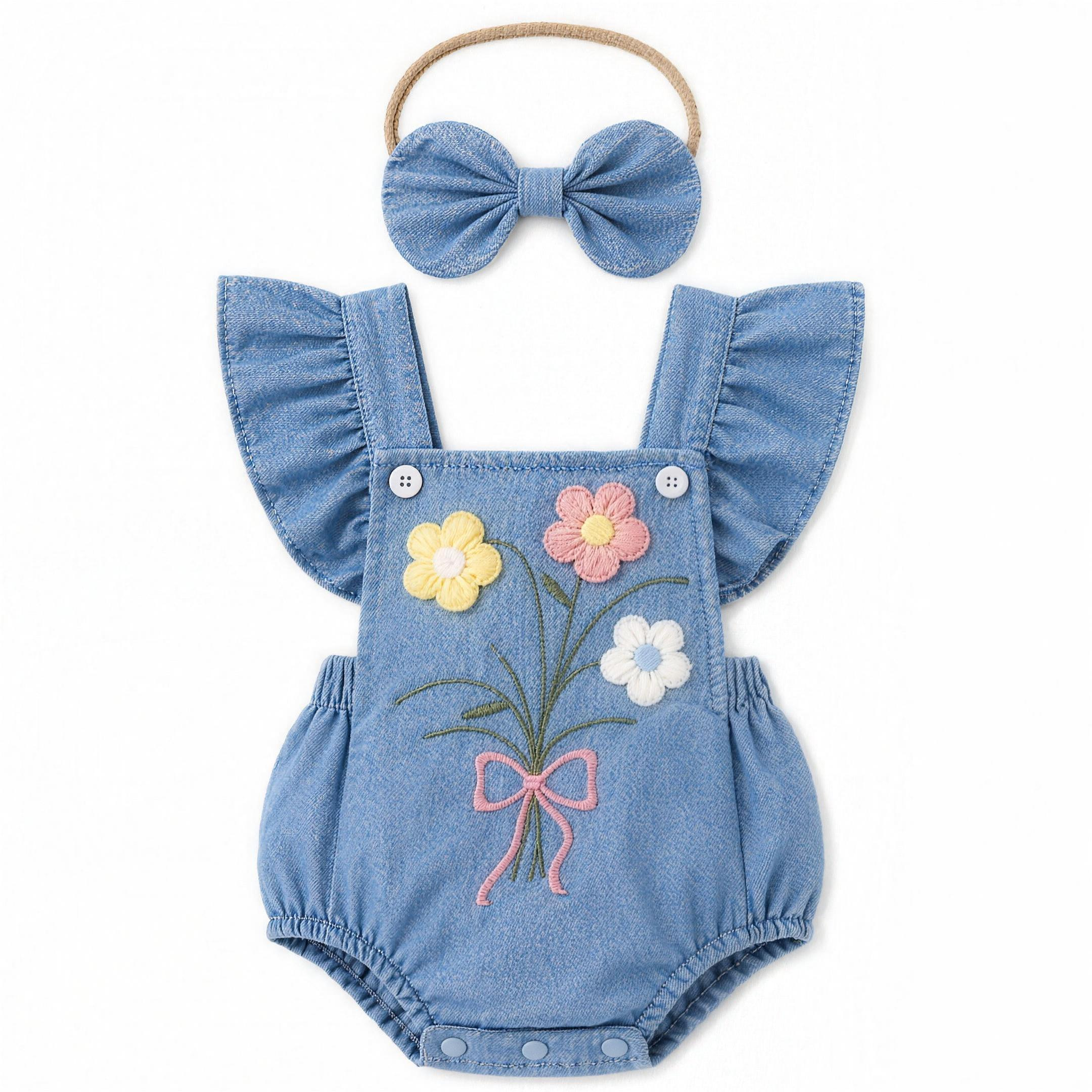Denim Flower Flutter Romper Set - professional studio photo