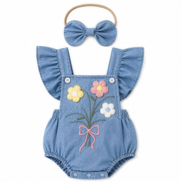 Denim Flower Flutter Romper Set - professional studio photo