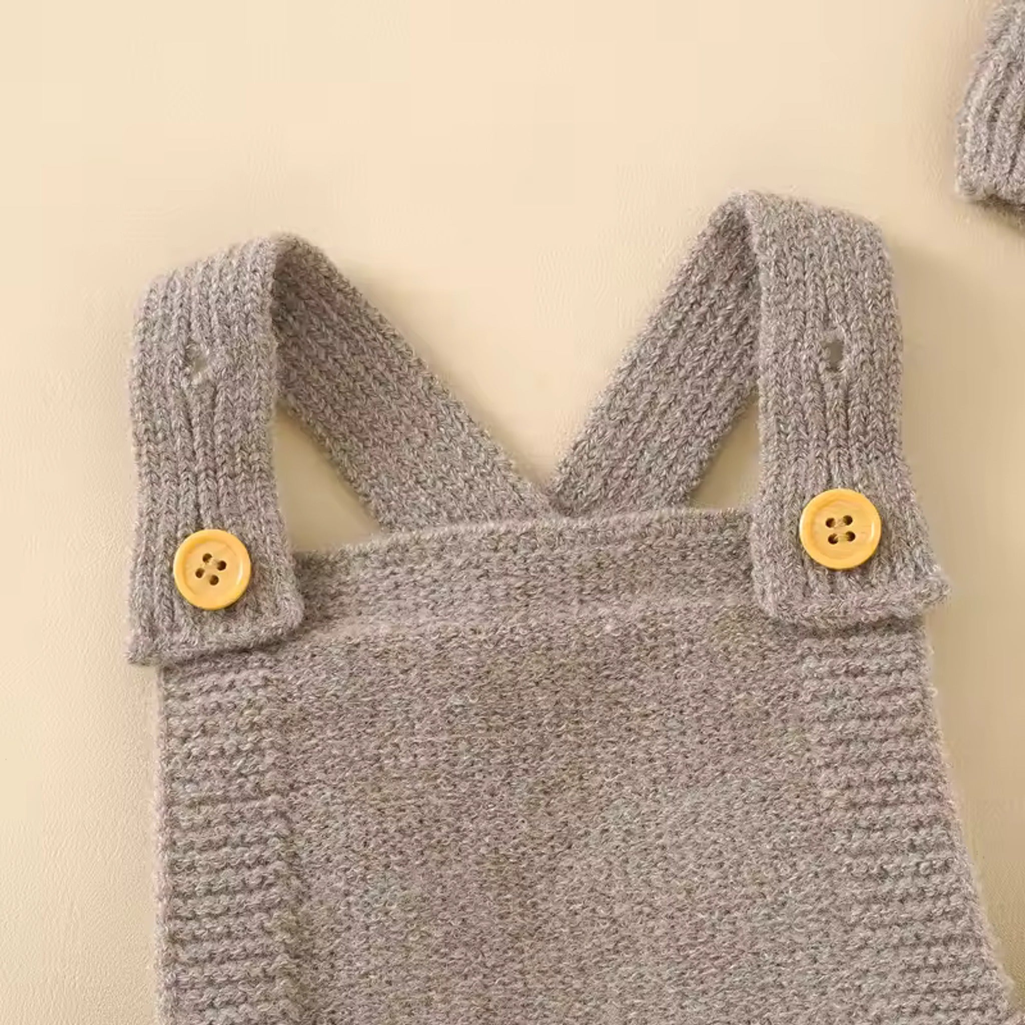 Knit Overall Hat Set - button strap detail