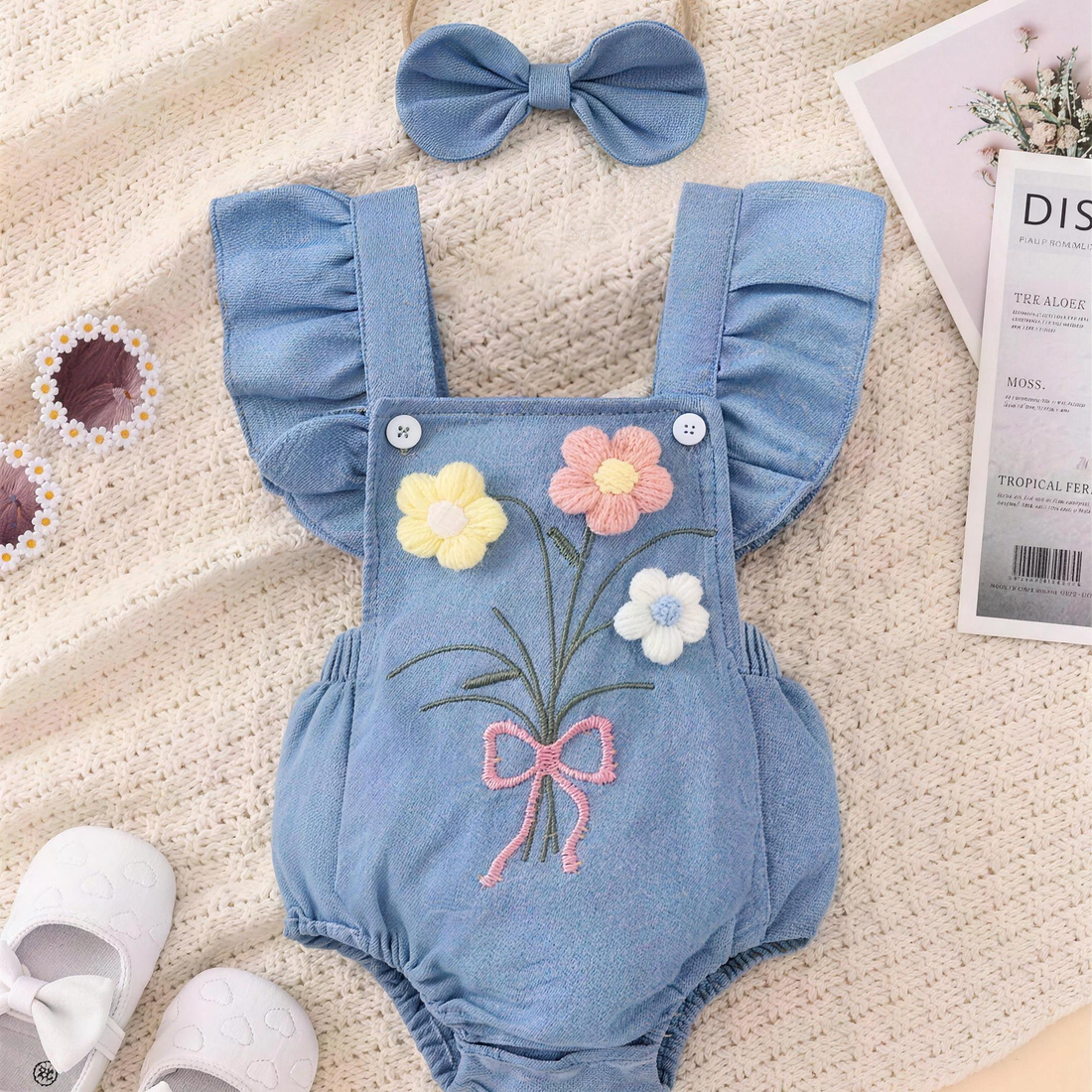 Denim Flower Flutter Romper Set - professional studio photo