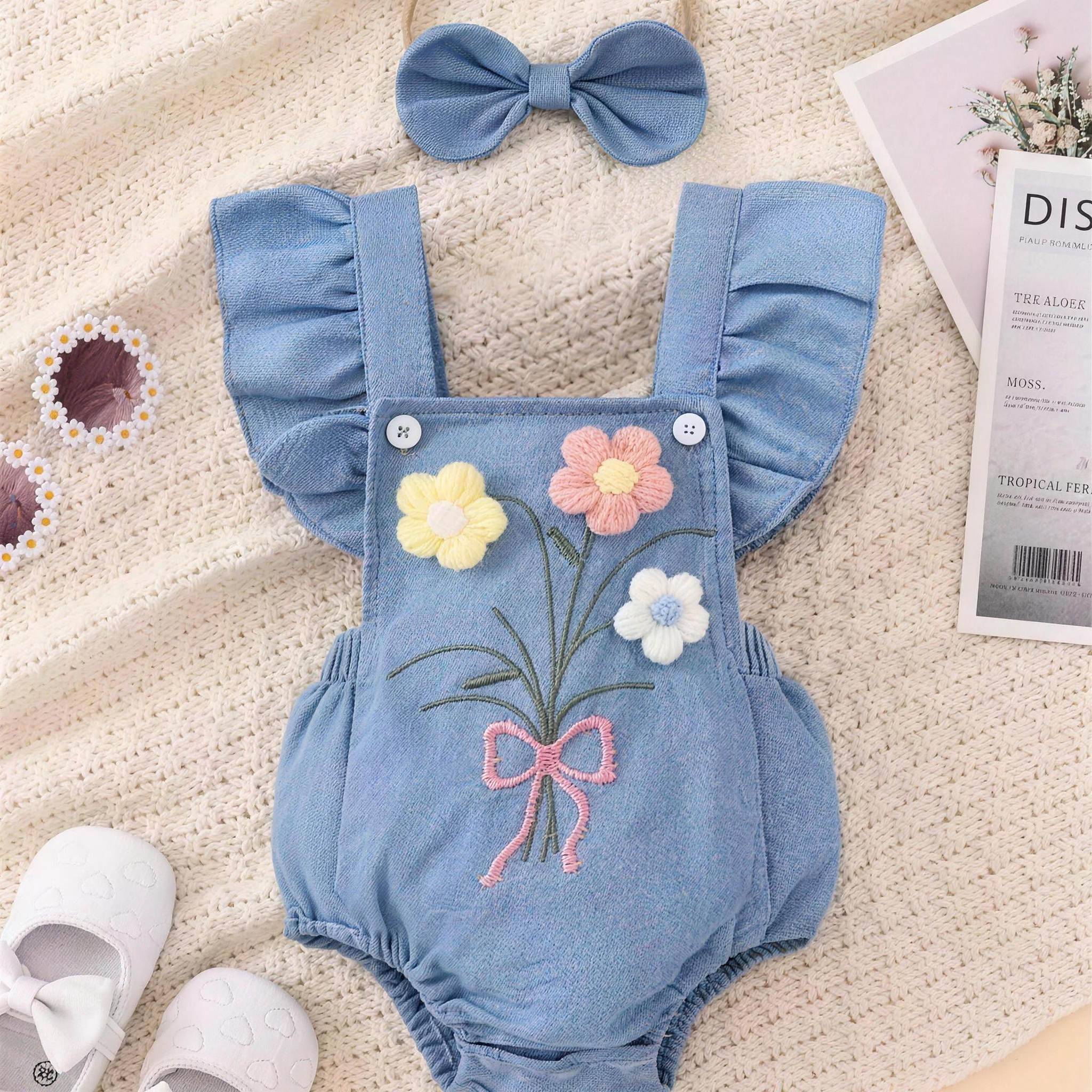 Denim Flower Flutter Romper Set - detail photo
