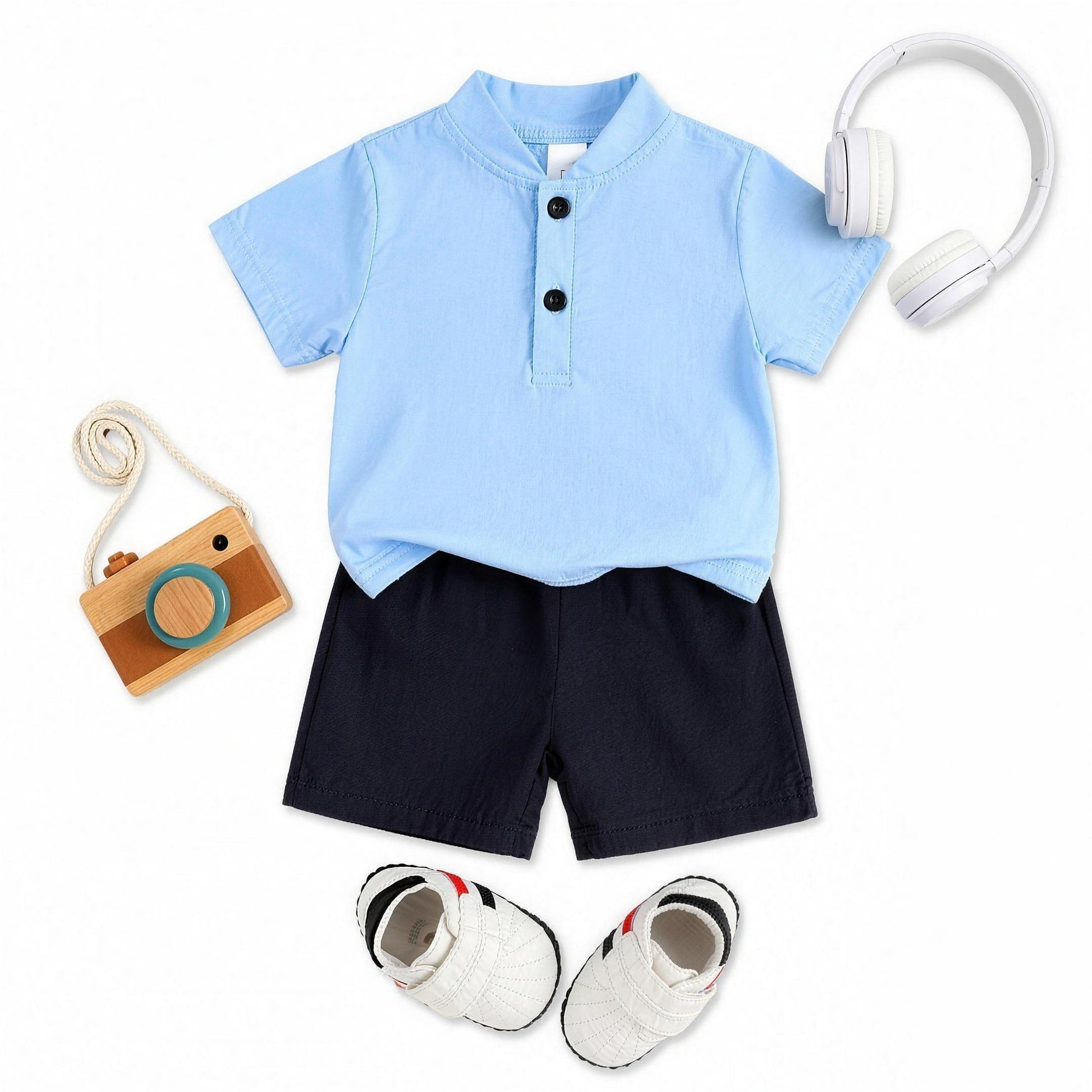 Light Blue Mandarin Collar Outfit Set - professional photo