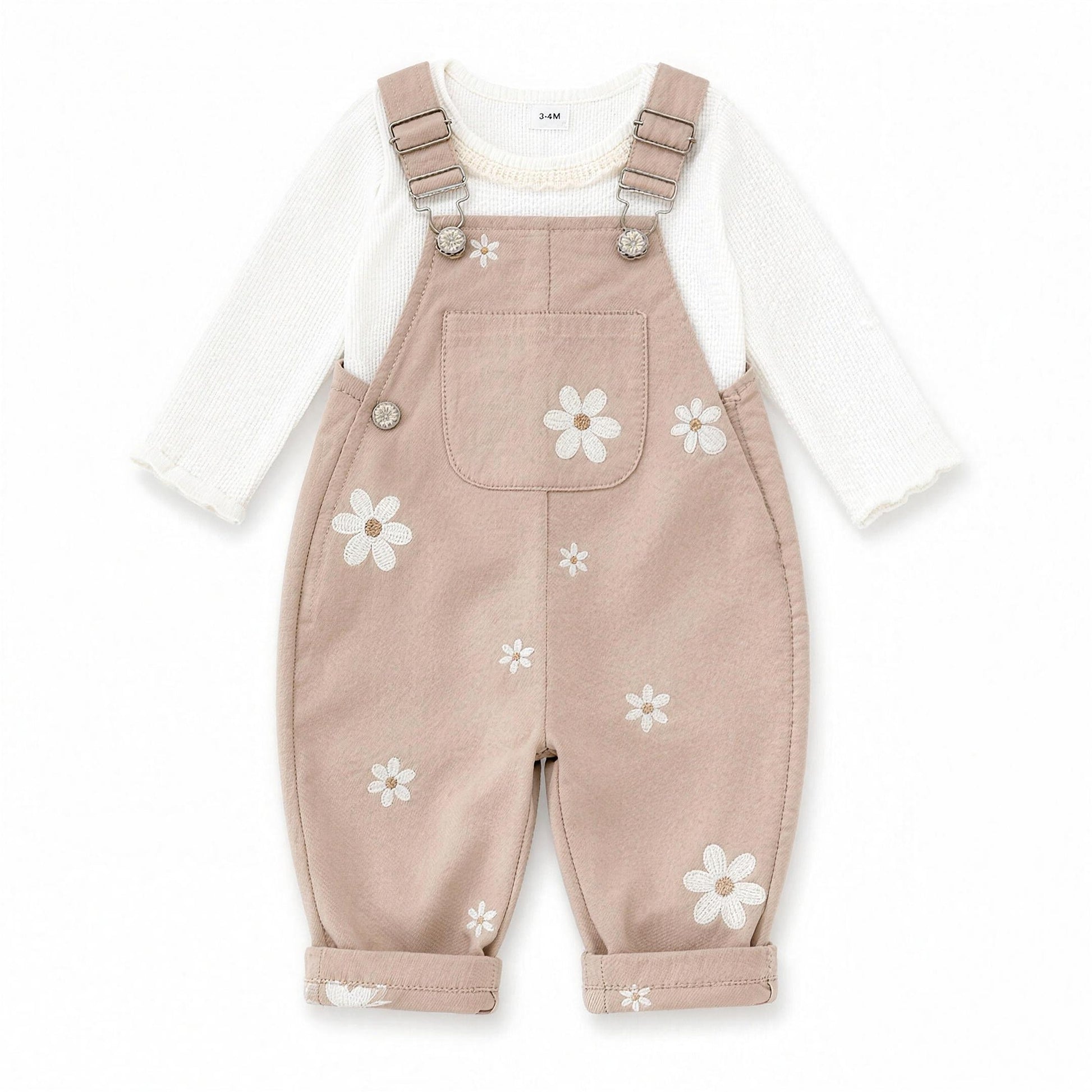 Daisy Embroidered Overalls - Light Khaki