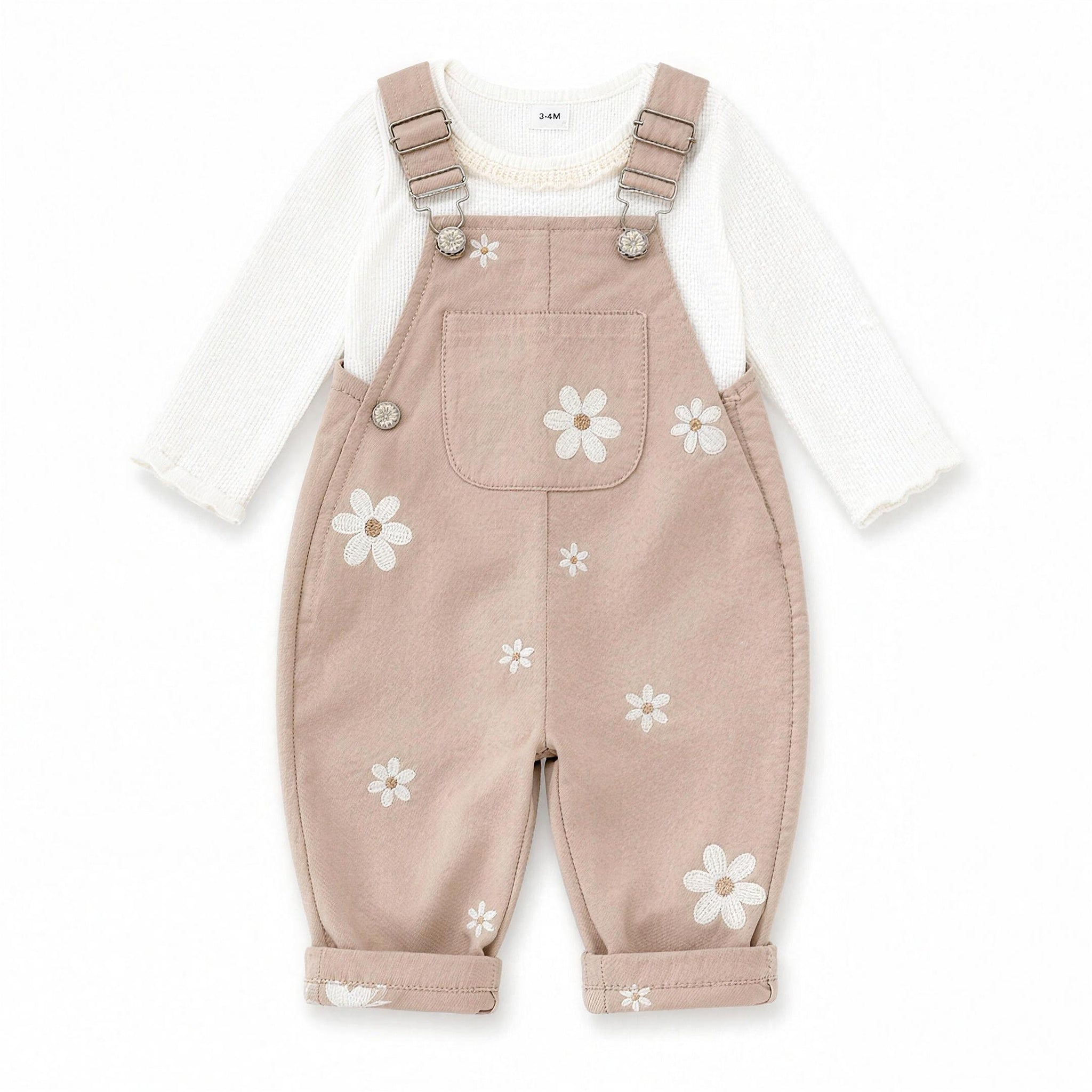 Daisy Embroidered Overalls - Light Khaki