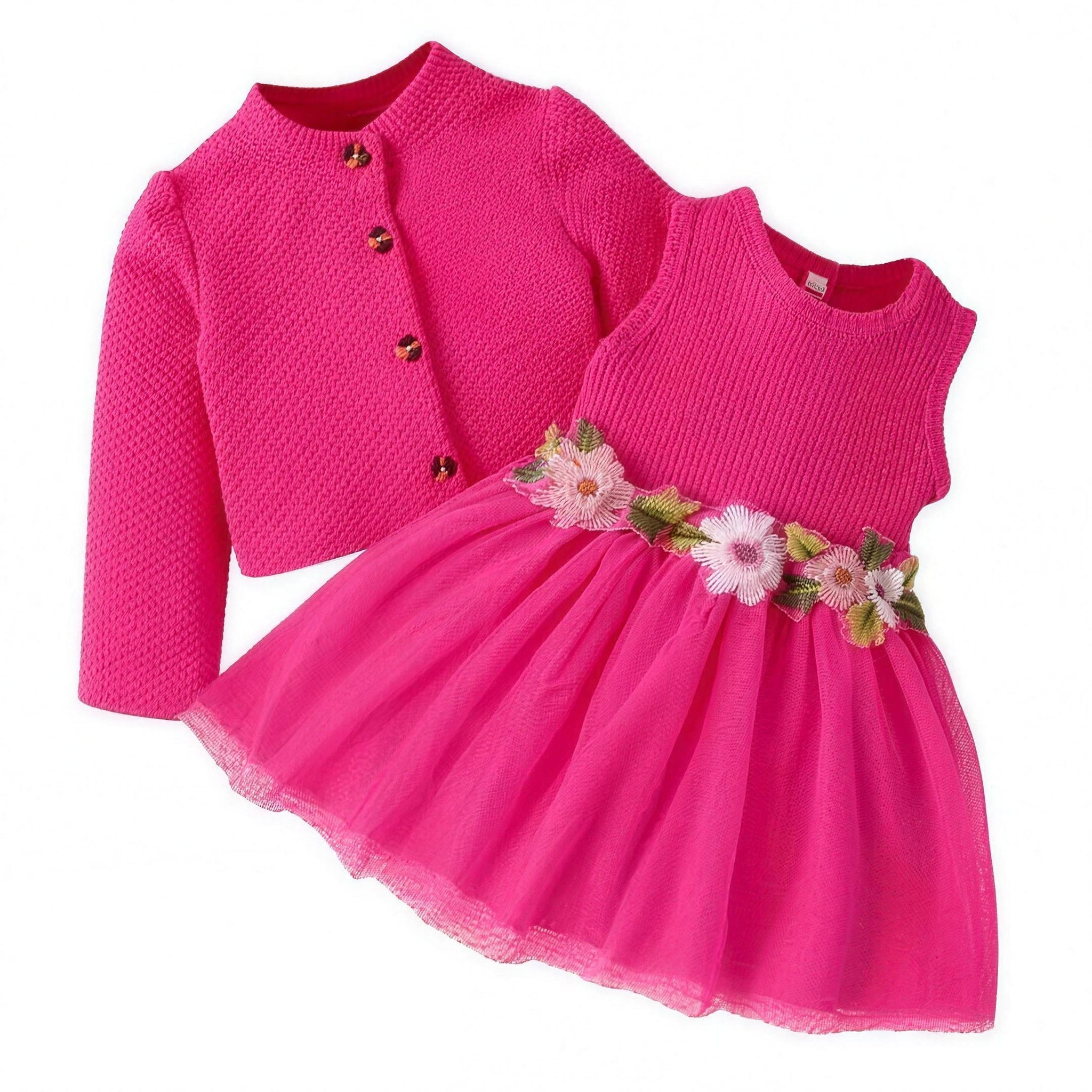 Floral Cardigan Dress Set - Magenta