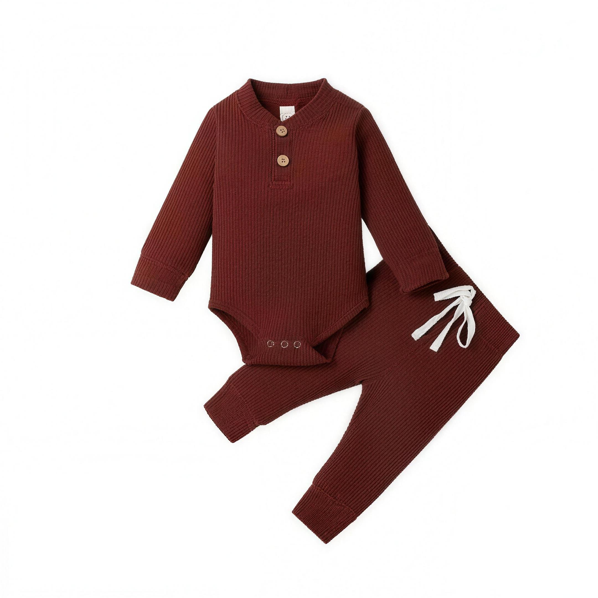 Ribbed Henley Outfit Set - Maroon - professional studio photo