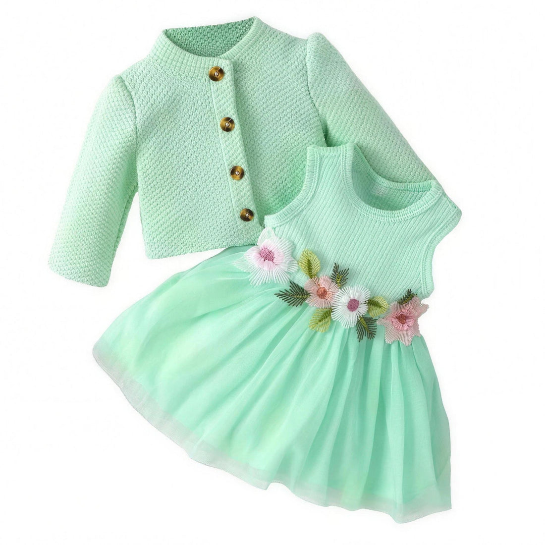 Floral Cardigan Dress Set - White, professional studio photo