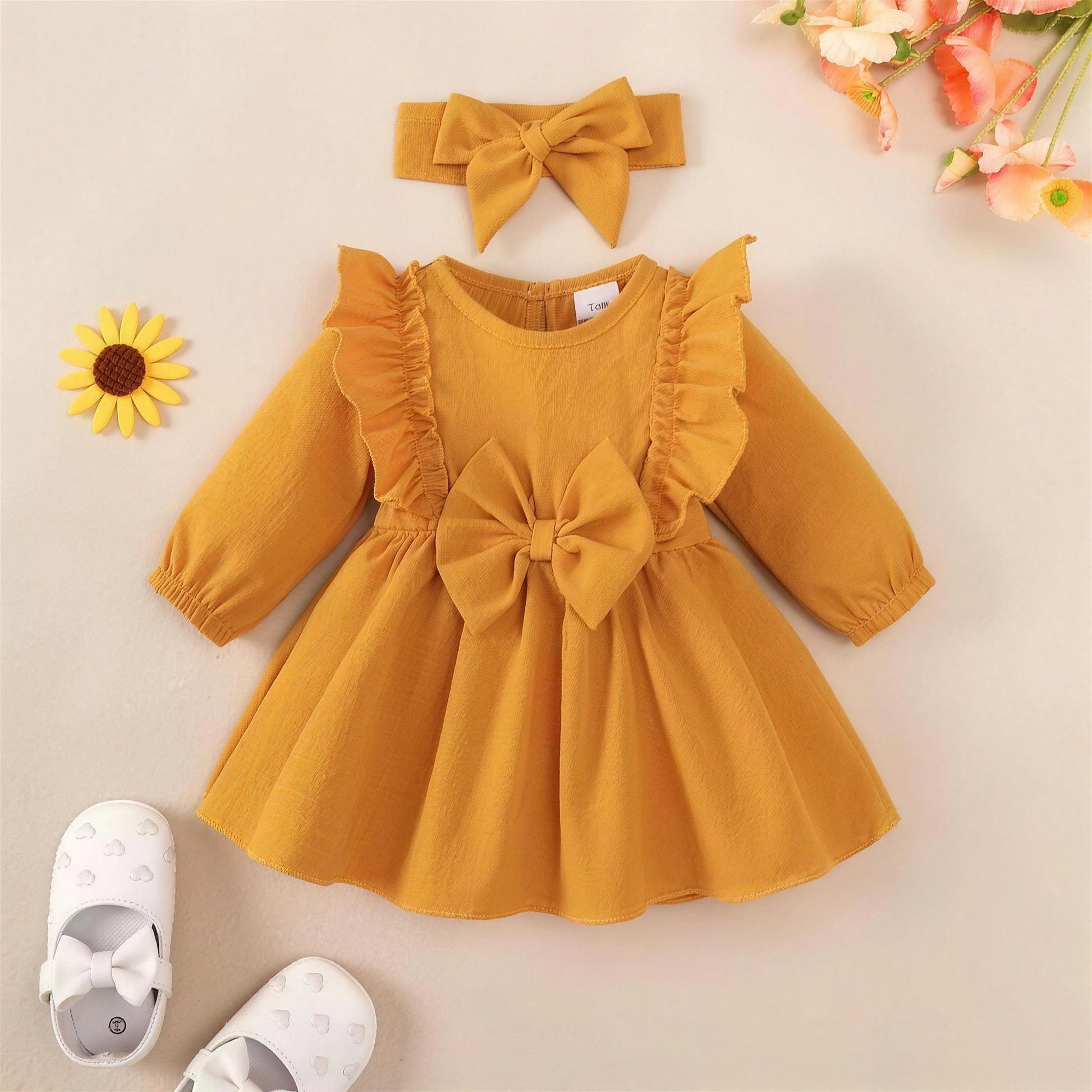 Mustard Ruffle Bow Dress & Headband - front, professional photo