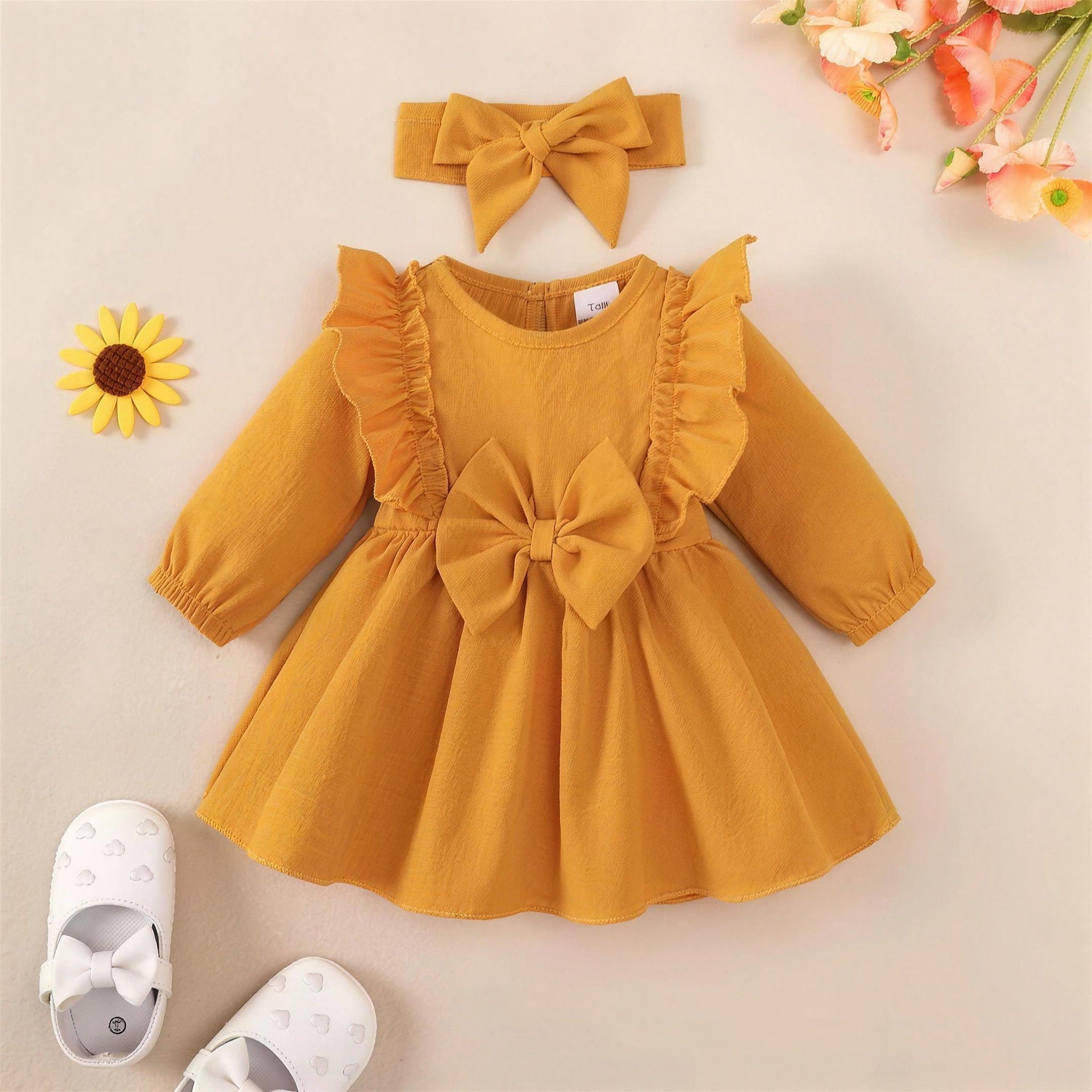 Mustard Ruffle Bow Dress & Headband - front, professional photo