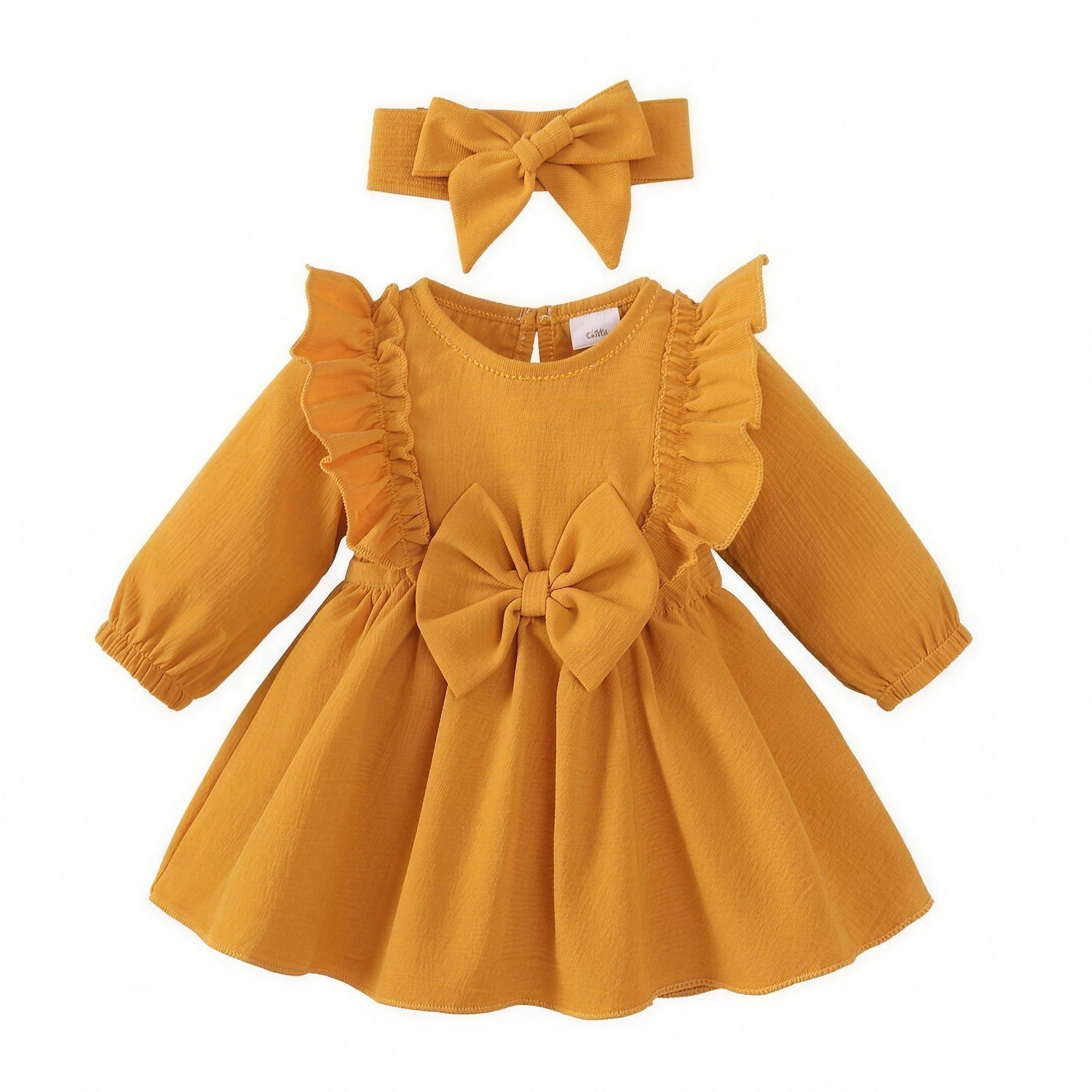 Mustard Ruffle Bow Dress & Headband - front, professional white-background product photo