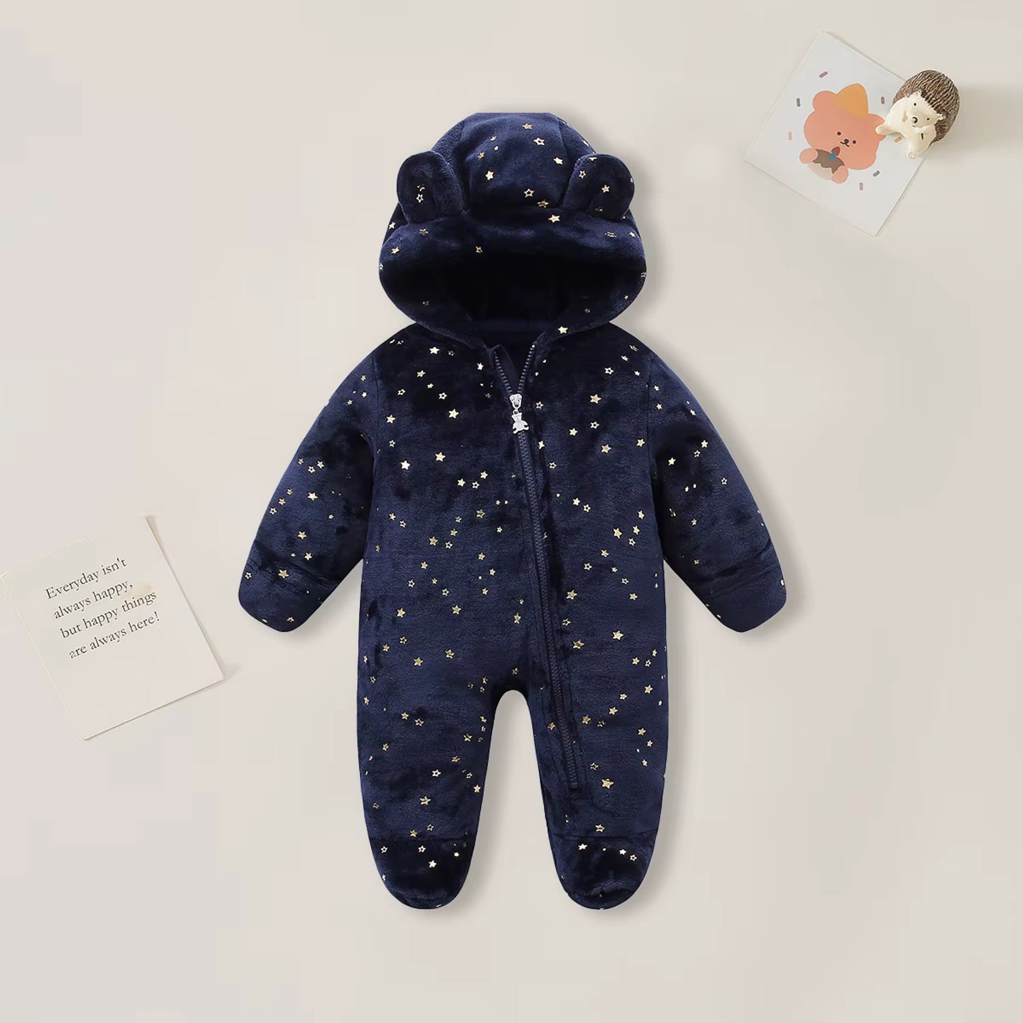 Bear Hood Fleece Snowsuit - Navy Star Sprinkle