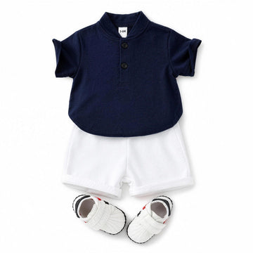 Navy Mandarin Collar Outfit Set - professional photo
