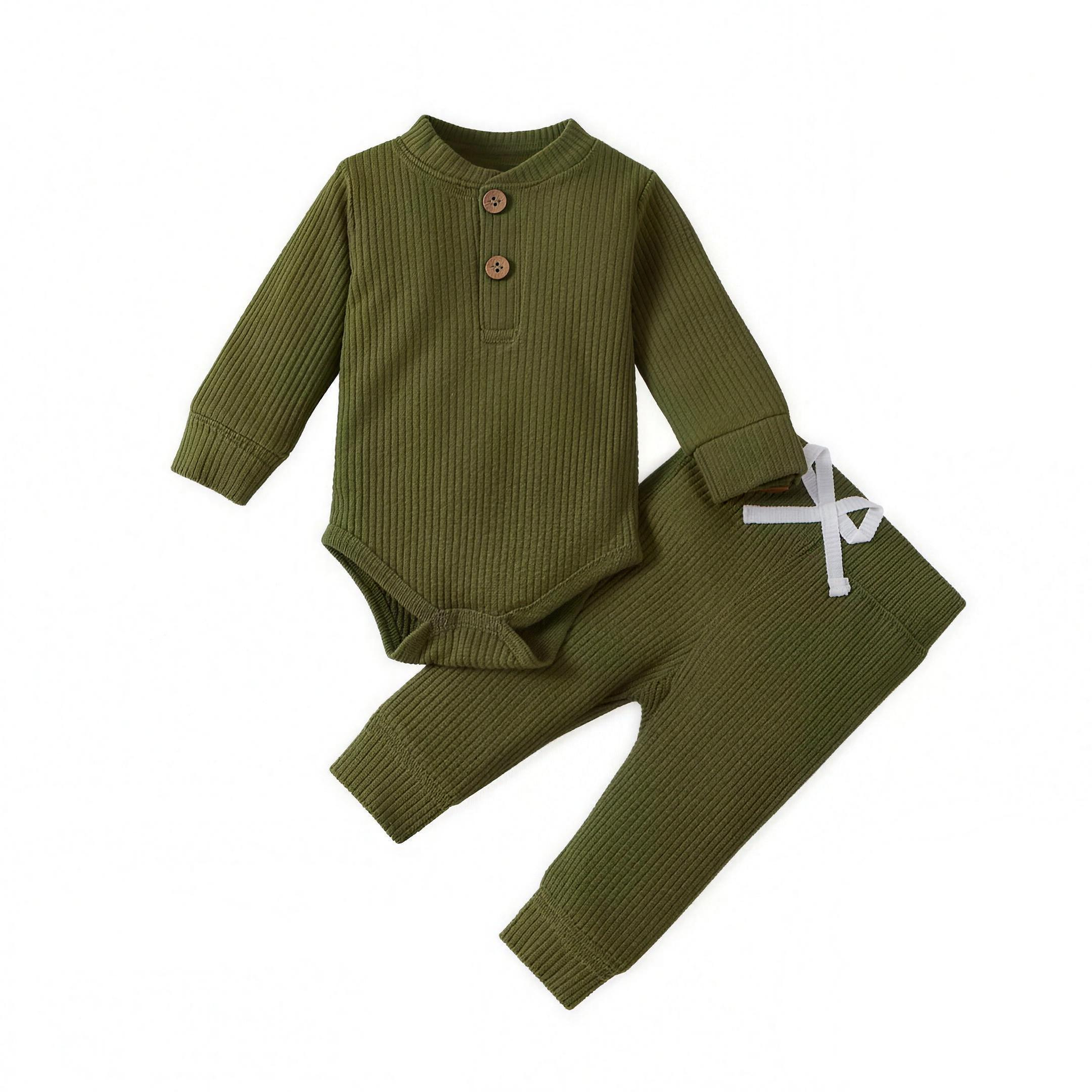 Ribbed Henley Outfit Set - Olive - professional studio photo