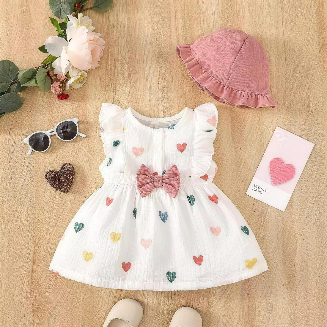 Painted Hearts Dress Set - baby and toddler girl dress and hat set, professional product photo on white background