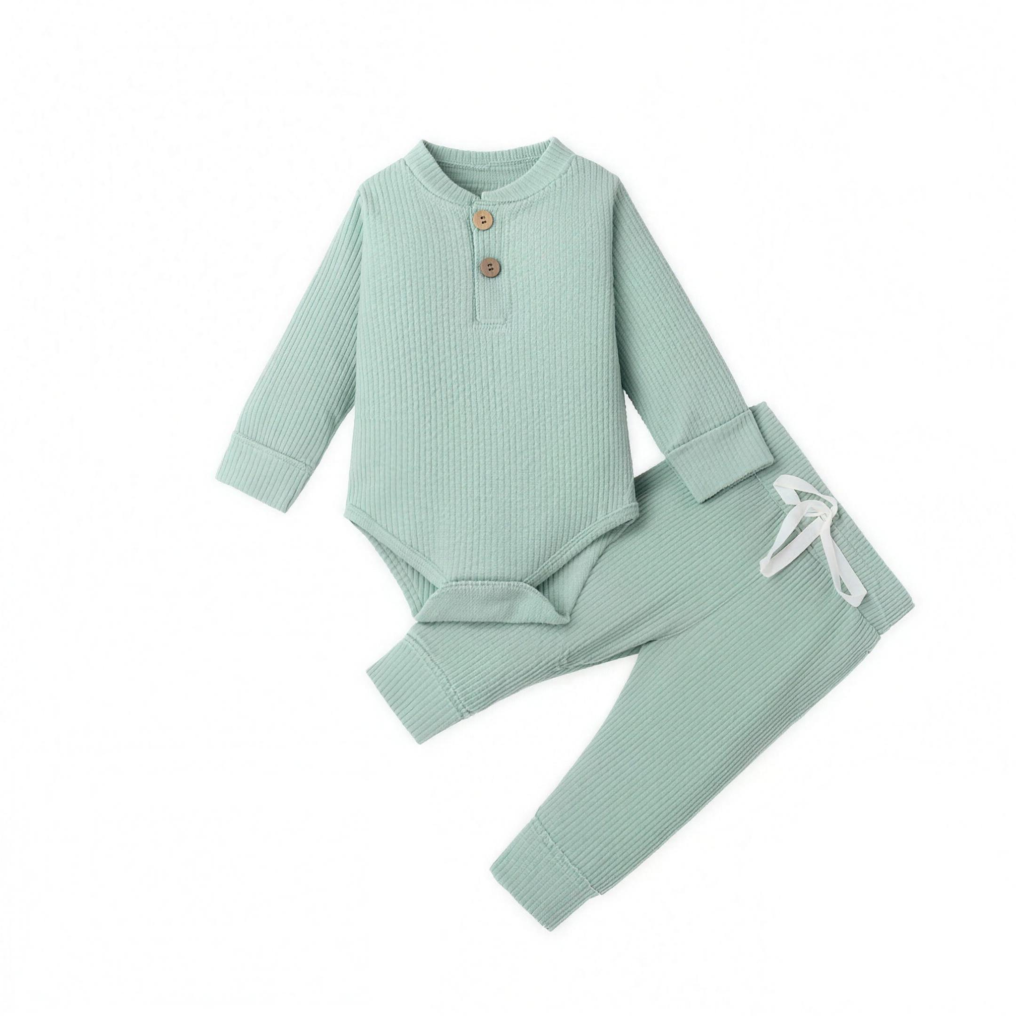 Ribbed Henley Outfit Set - Pale Sage - professional studio photo