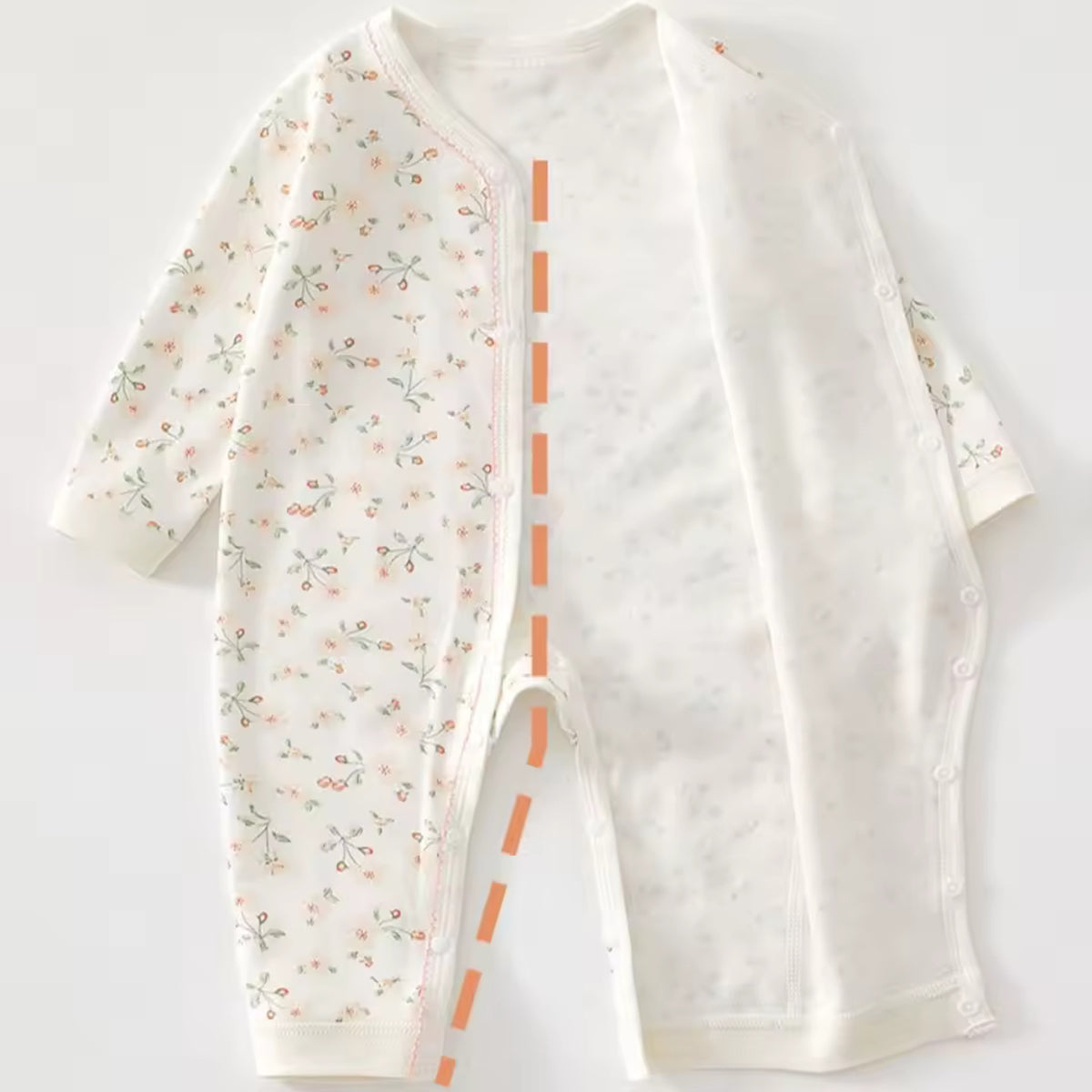 Peach Floral Romper - laid open showing fabric