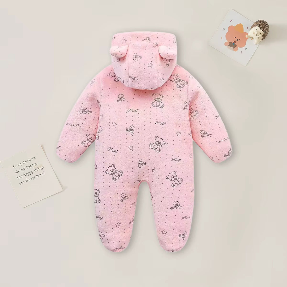 Bear Hood Fleece Snowsuit - Pink Bear back view