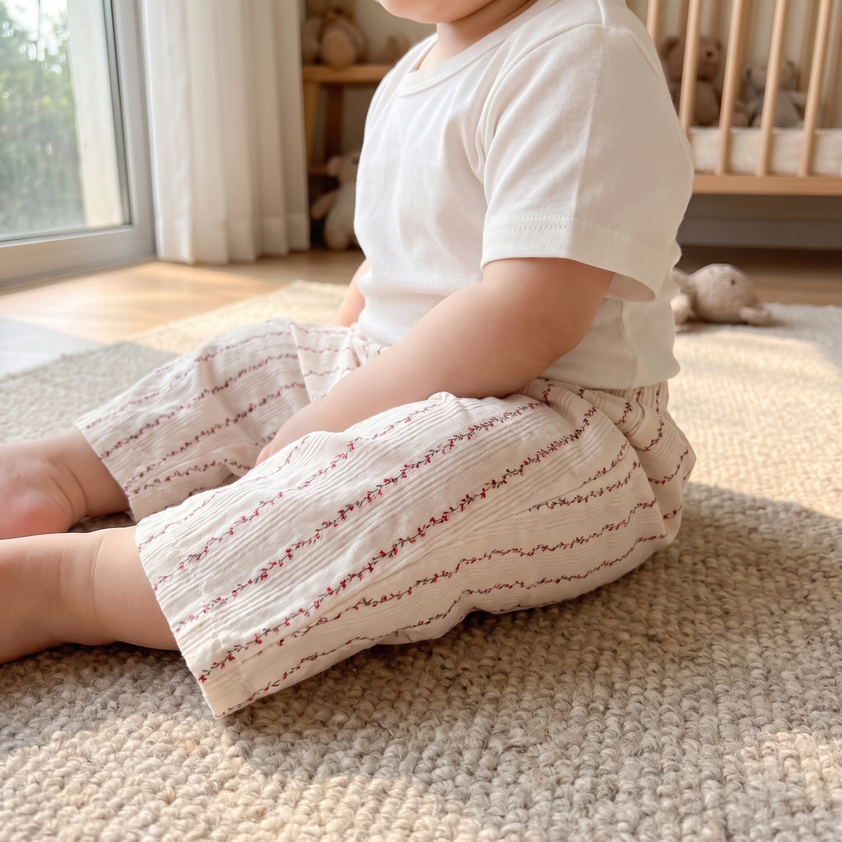 Pink Floral Summer Pants in Lifestyle - baby and toddler pants, professional product photo