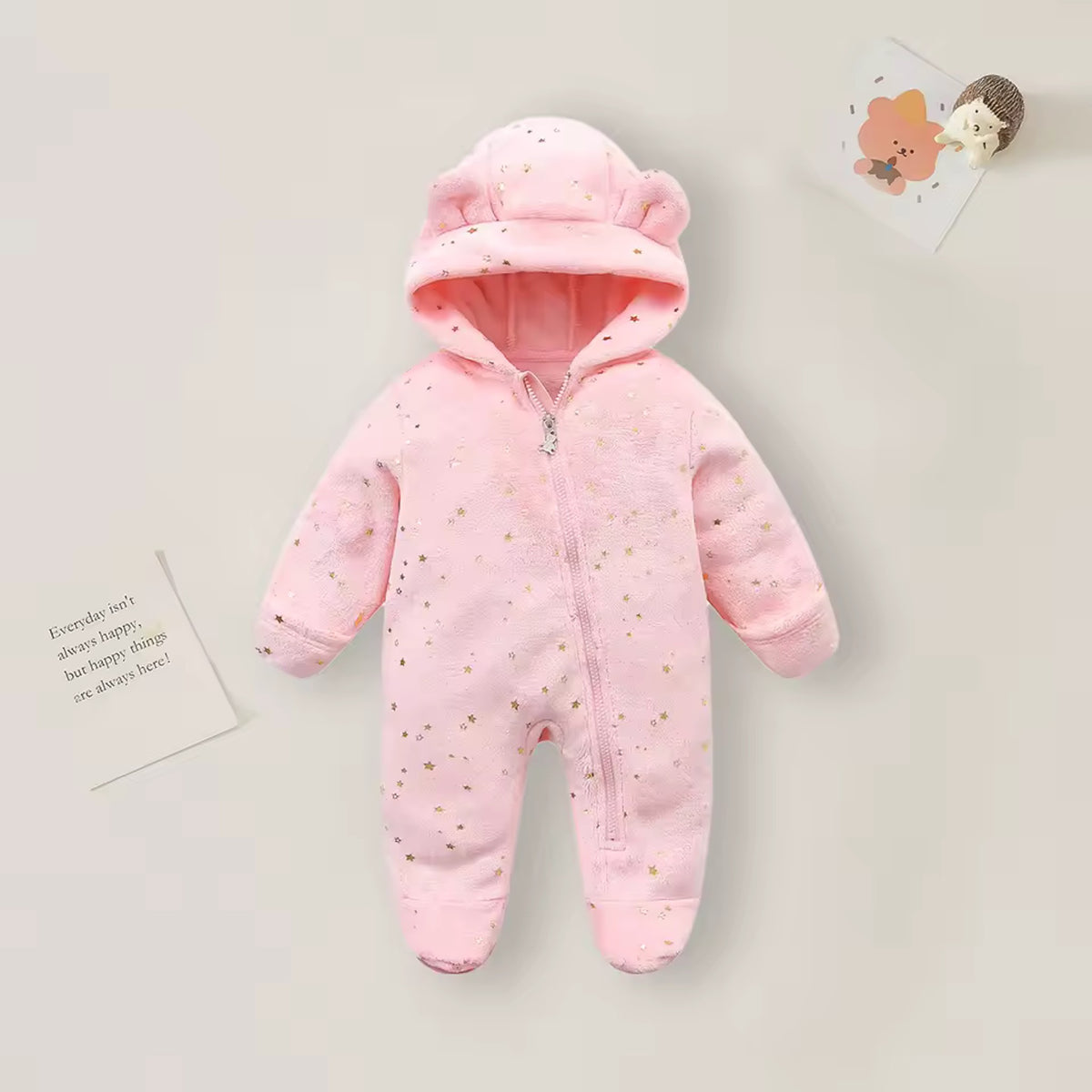 Bear Hood Fleece Snowsuit - Pink Star Sprinkle