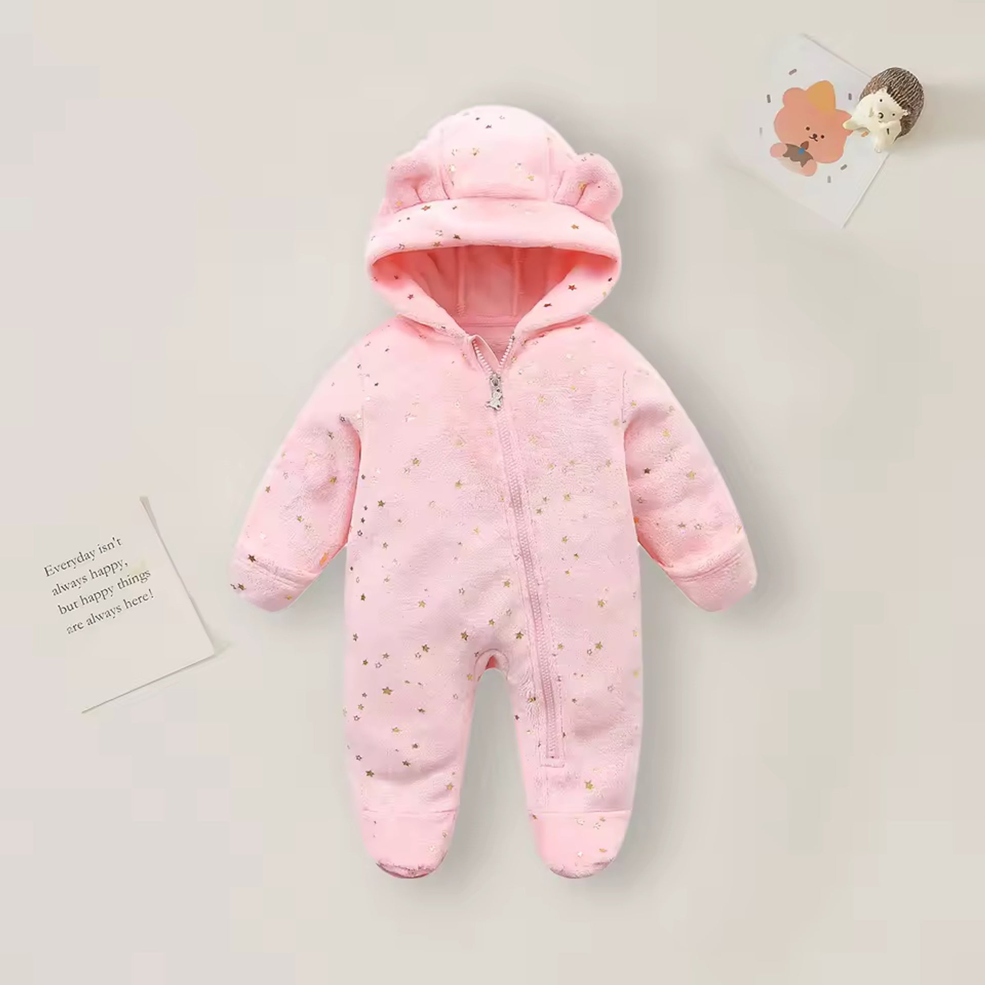 Bear Hood Fleece Snowsuit - Pink Star Sprinkle