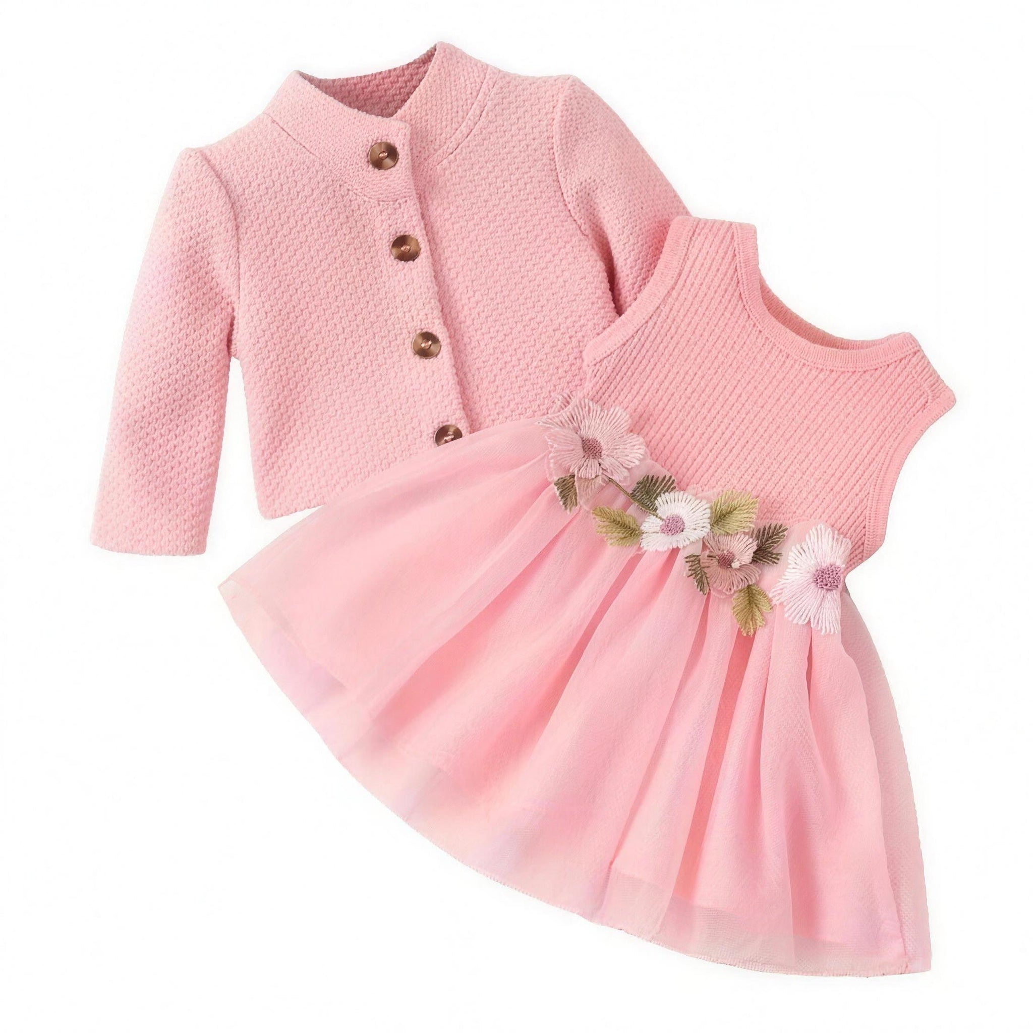 Floral Cardigan Dress Set - Pink
