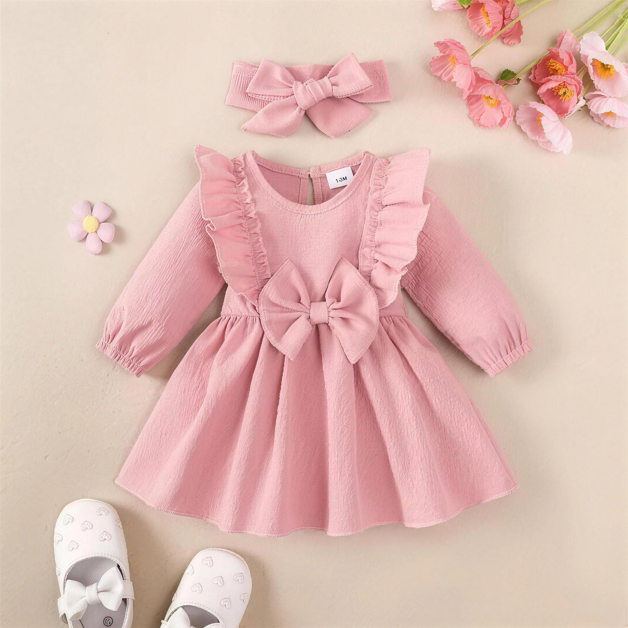 Dusty Pink Ruffle Bow Dress & Headband - front, professional photo