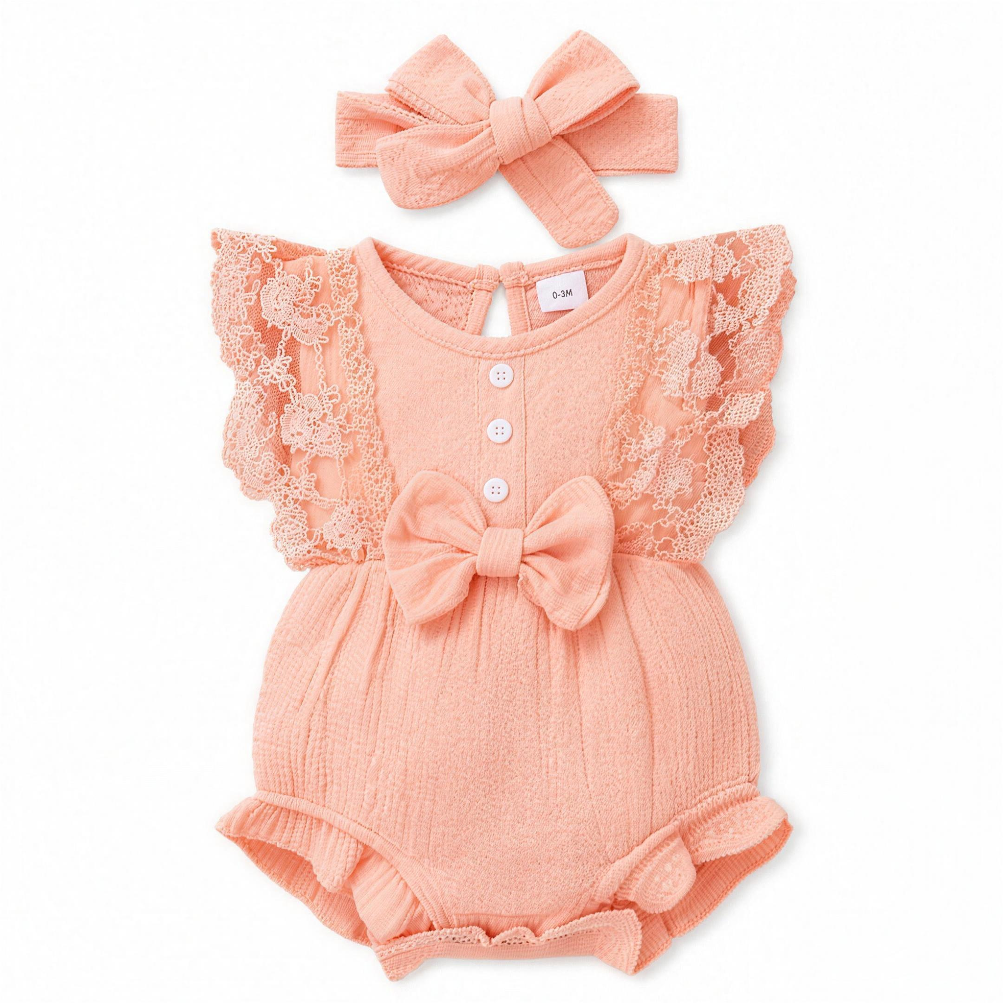 Lace Bow Romper Set - Pink - professional studio photo