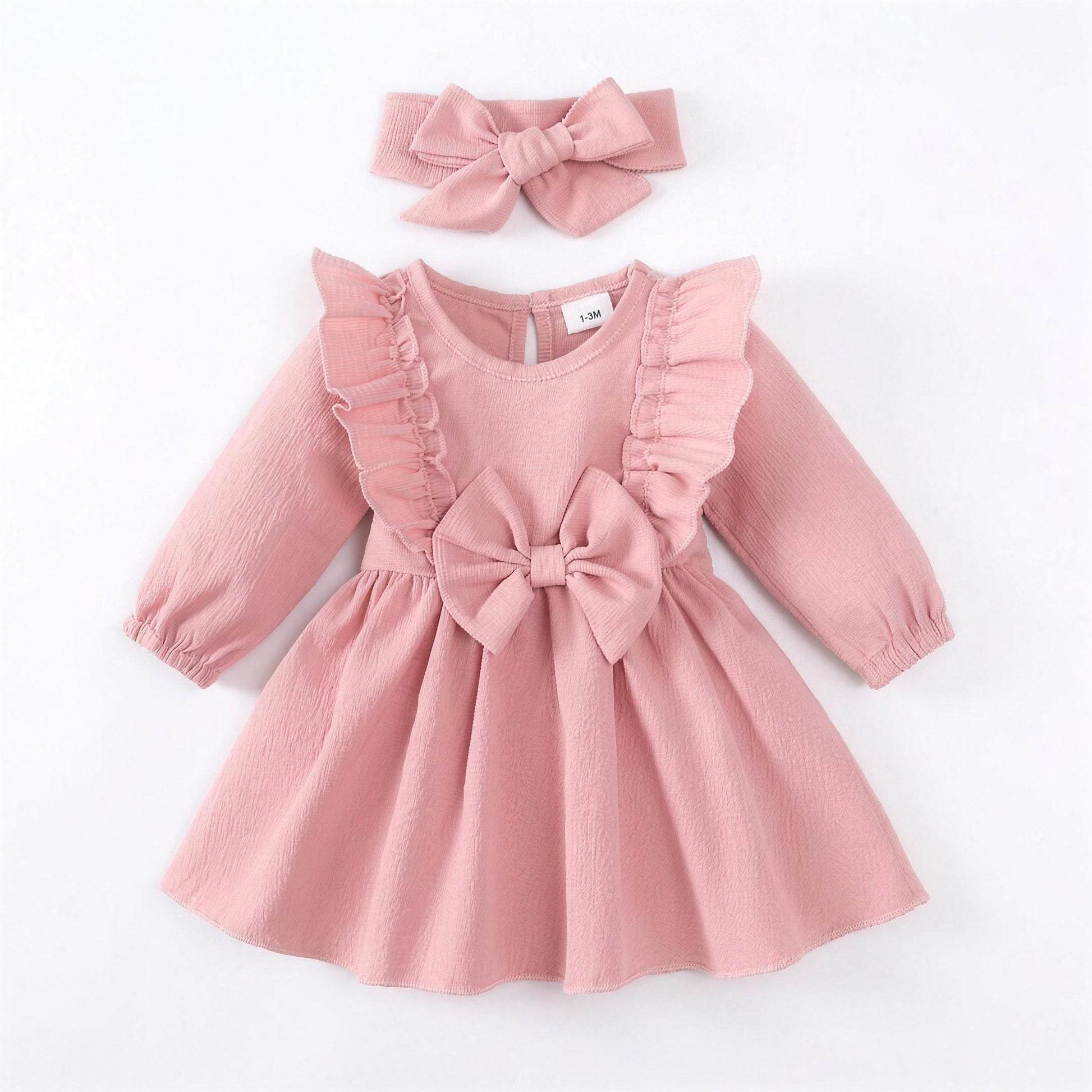 Dusty Pink Ruffle Bow Dress & Headband - front, professional white-background product photo