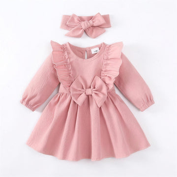 Dusty Pink Ruffle Bow Dress & Headband - front, professional white-background product photo