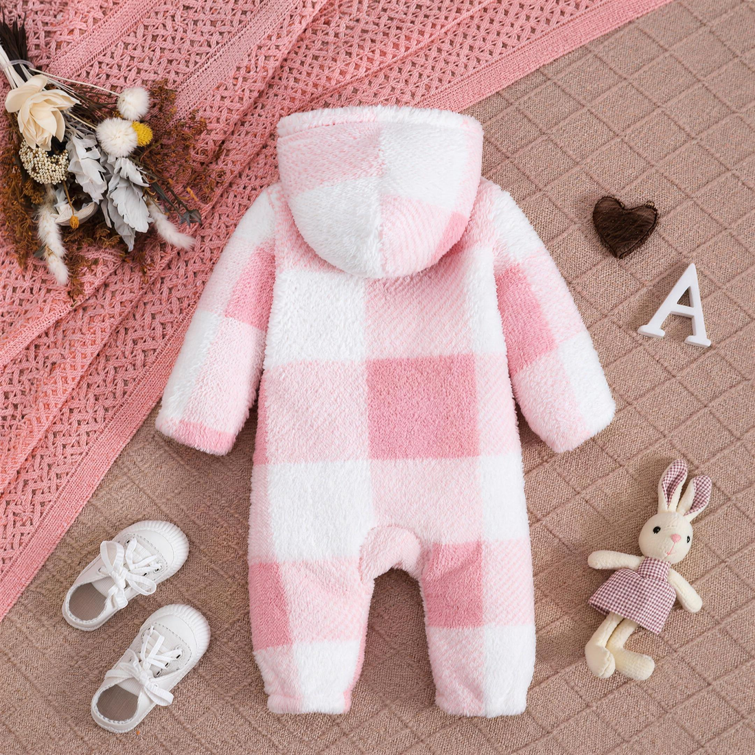 Pink Plaid Sherpa Hooded Romper - hero