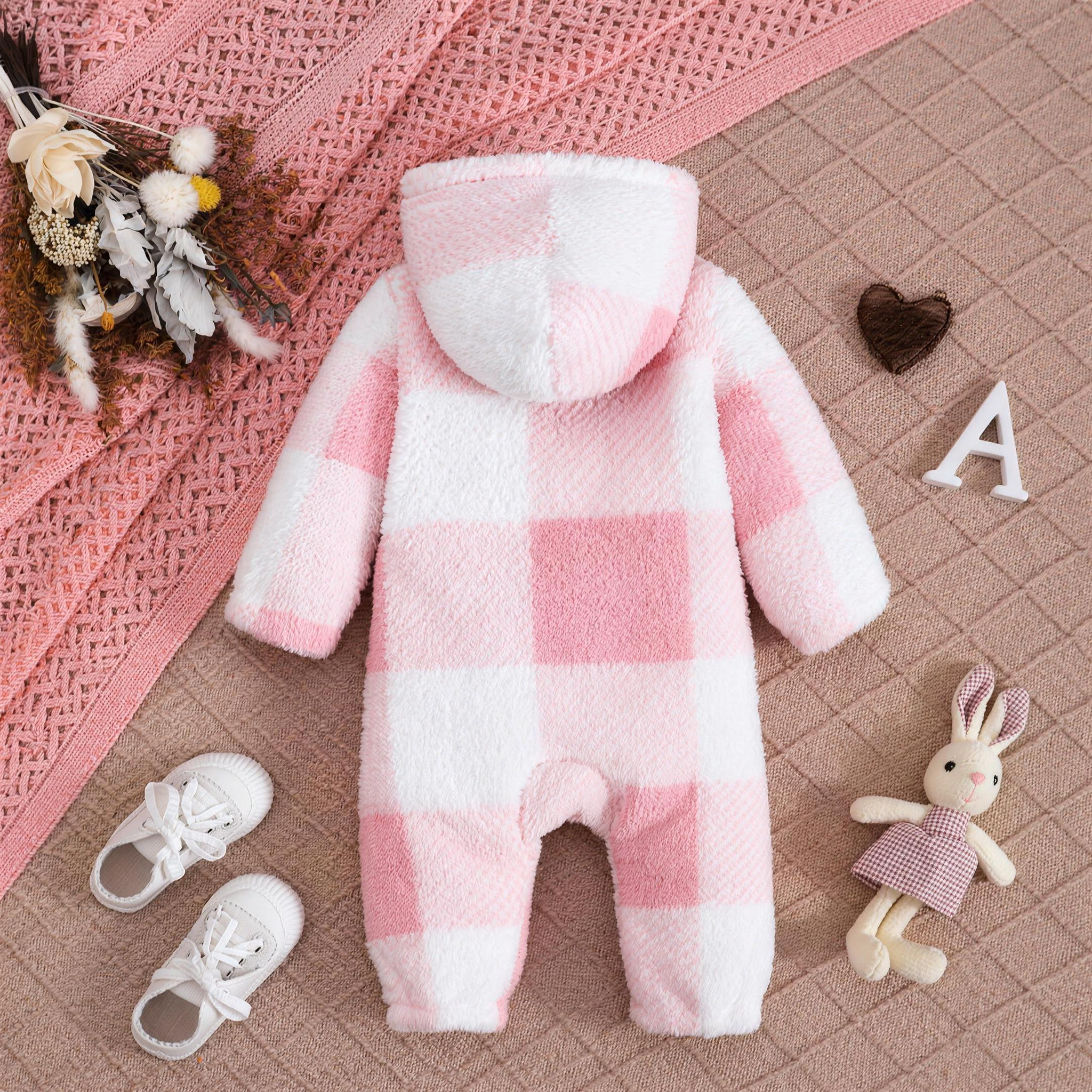 Pink Plaid Sherpa Hooded Romper - extra 1