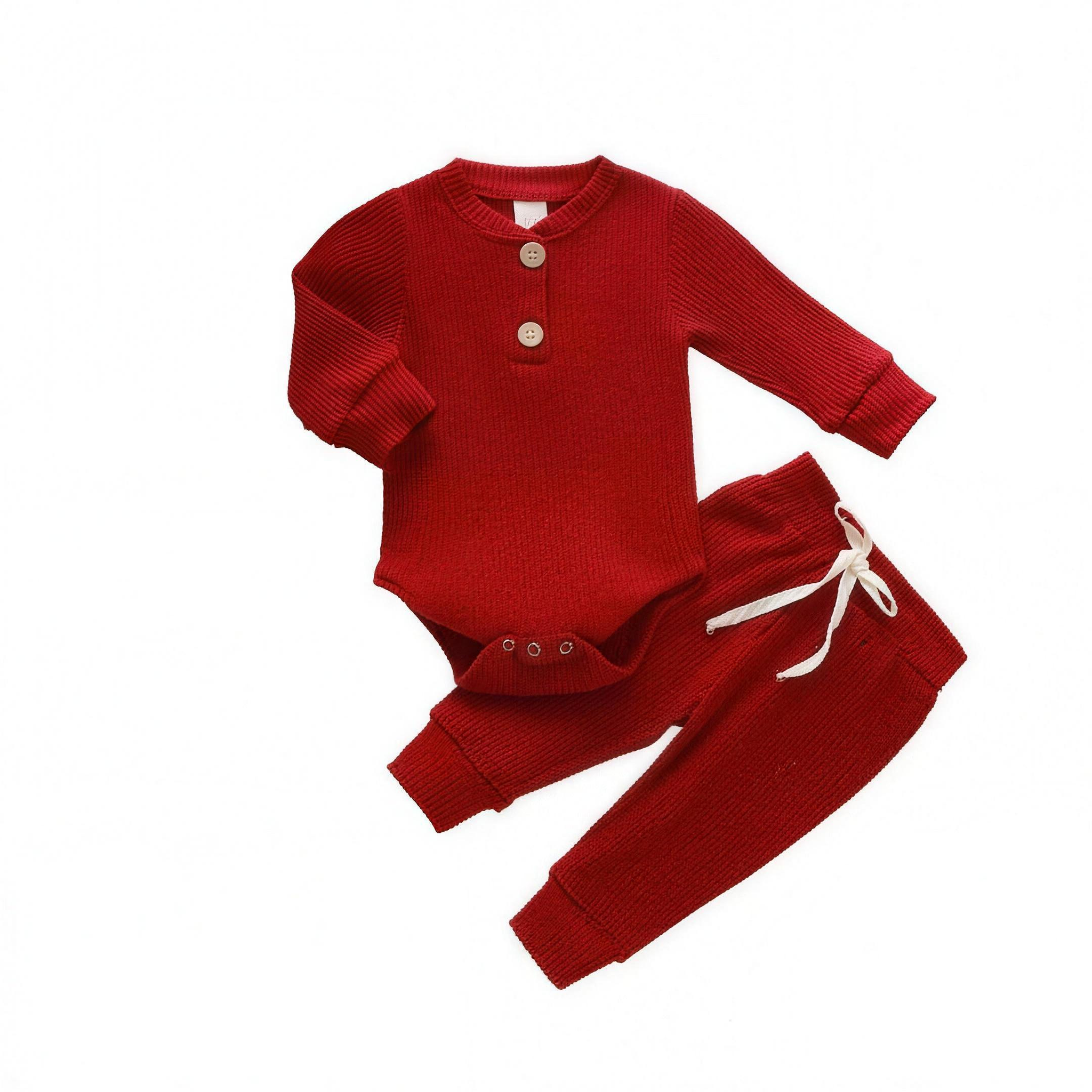 Ribbed Henley Outfit Set - Red - professional studio photo