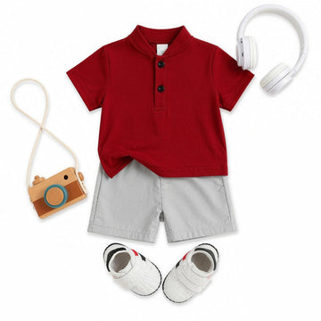 Red Mandarin Collar Outfit Set - professional photo