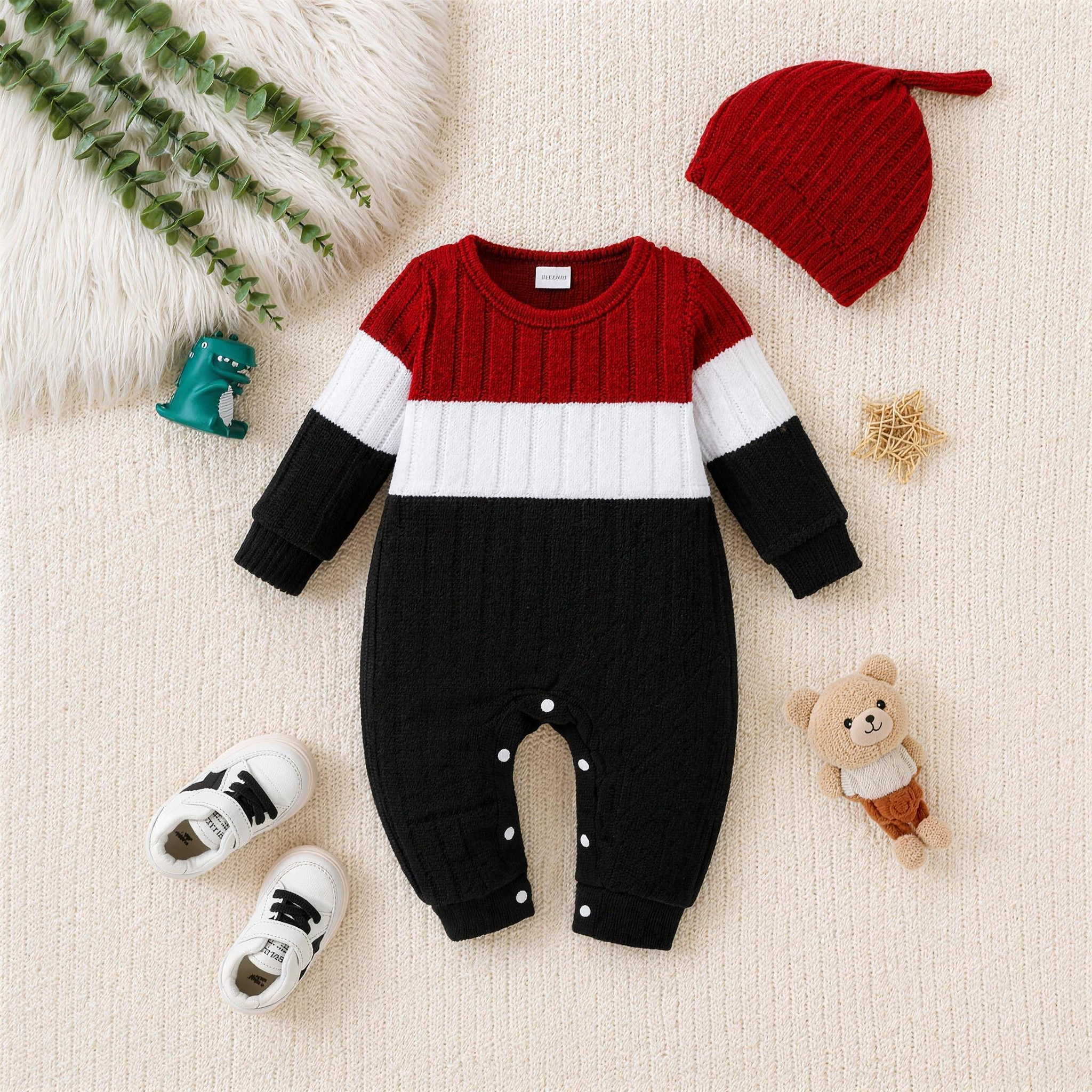 Color Block Knit Romper - Red - lifestyle