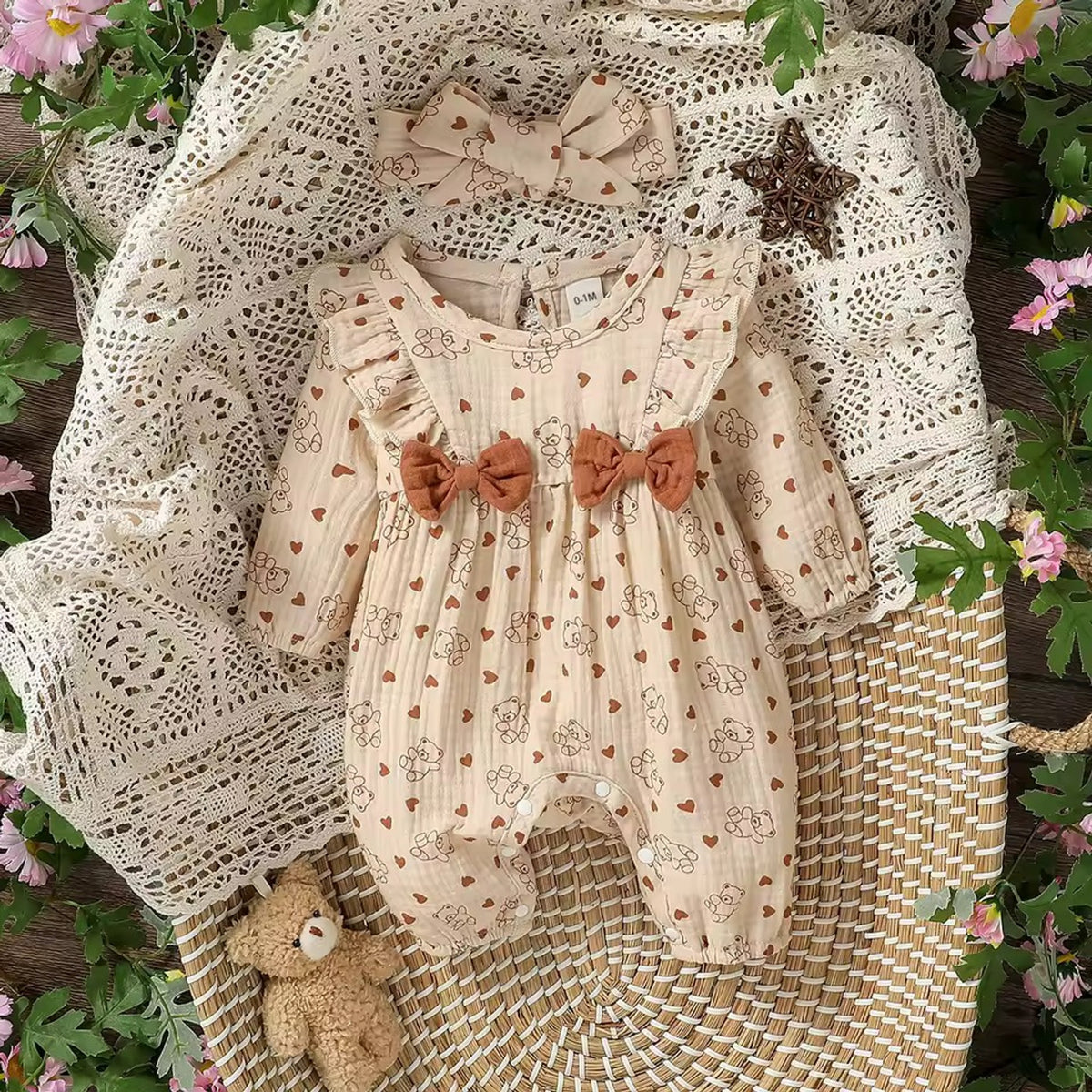 Ruffle Bow Print Romper - Teddy Heart - baby girl romper with matching headband