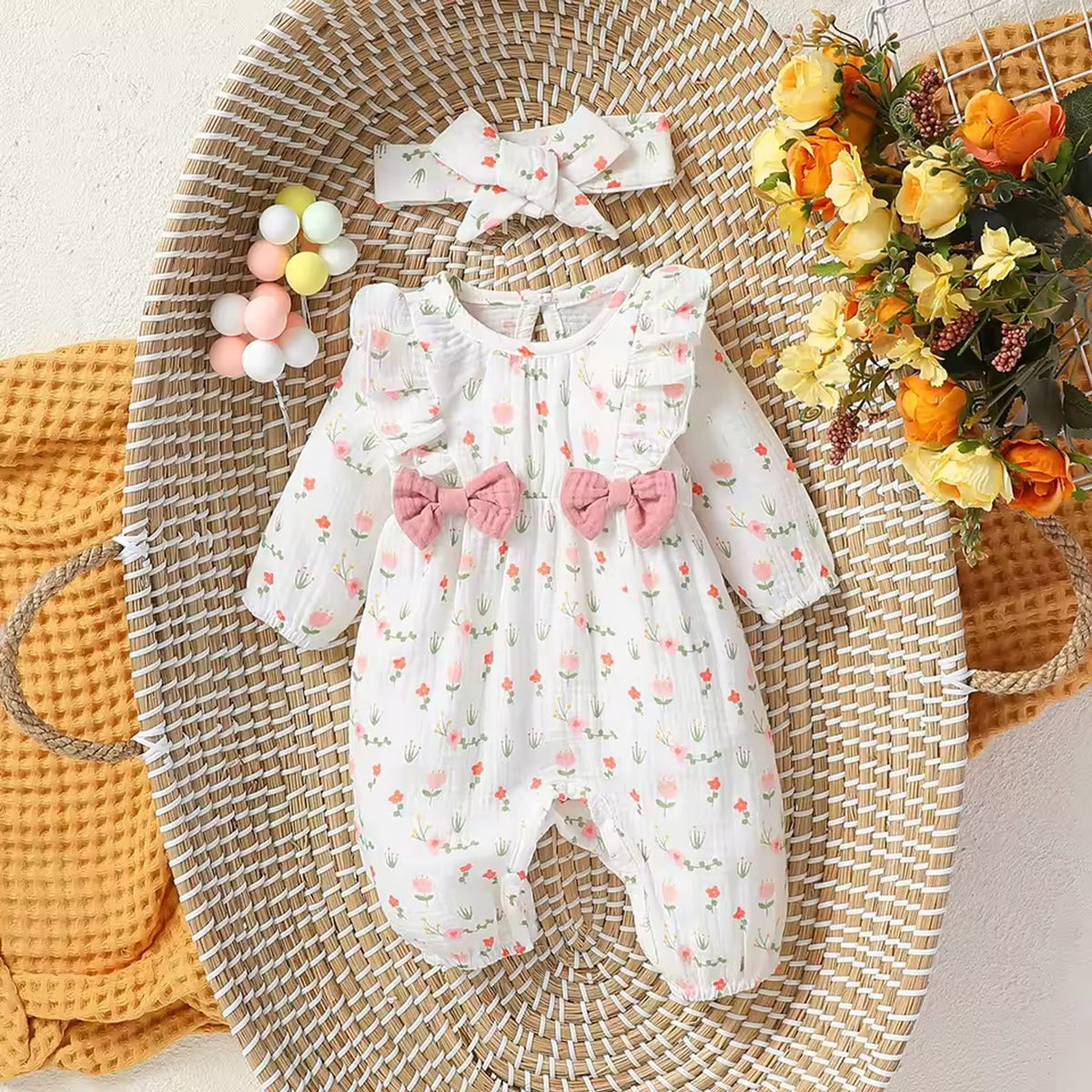 Ruffle Bow Print Romper - Tulip Floral - baby girl romper with matching headband