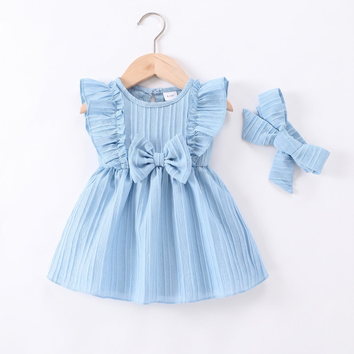 Ruffle Bow Knit Dress in Blue with matching headband, professional product photo on white background