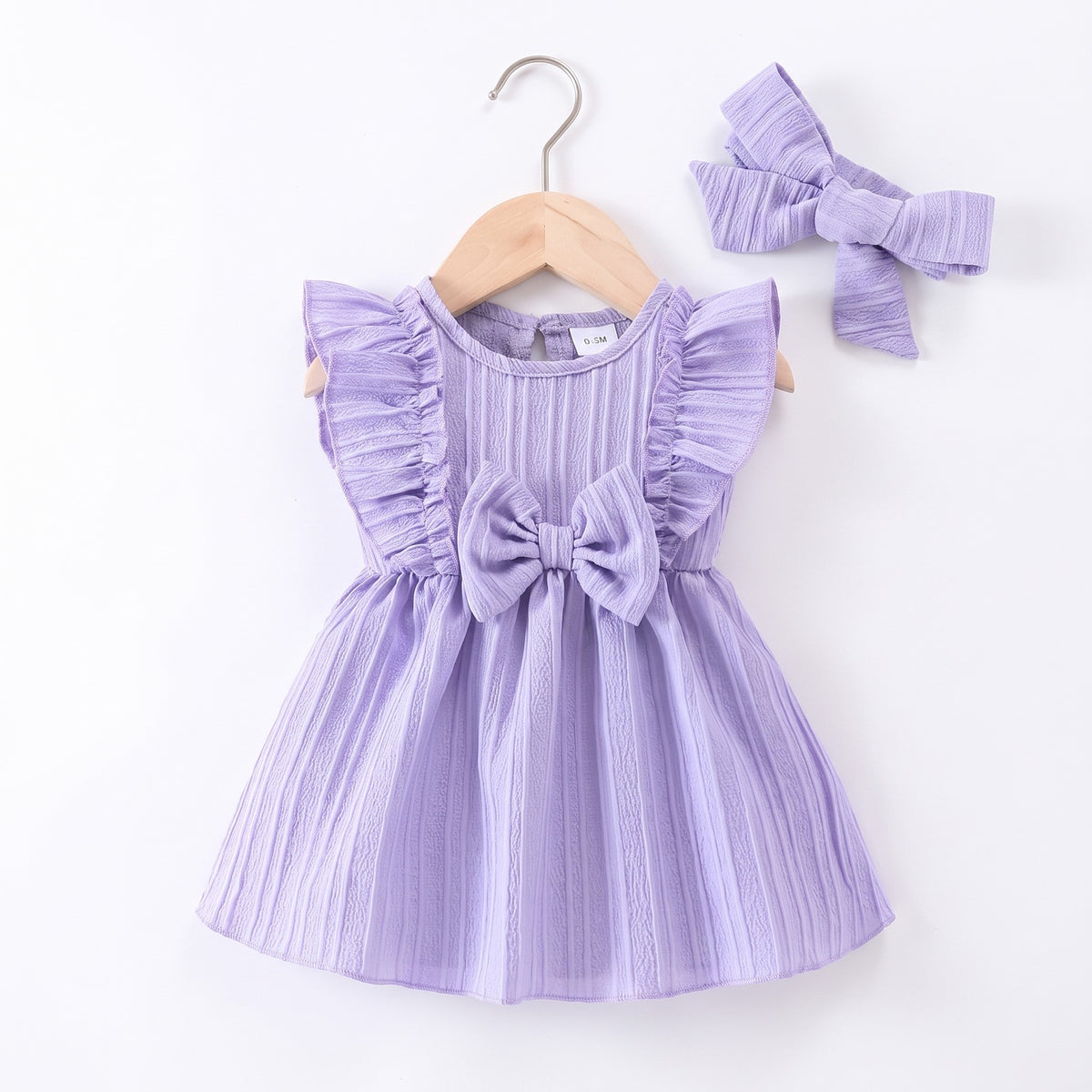 Ruffle Bow Knit Dress in Purple with matching headband, professional product photo on white background