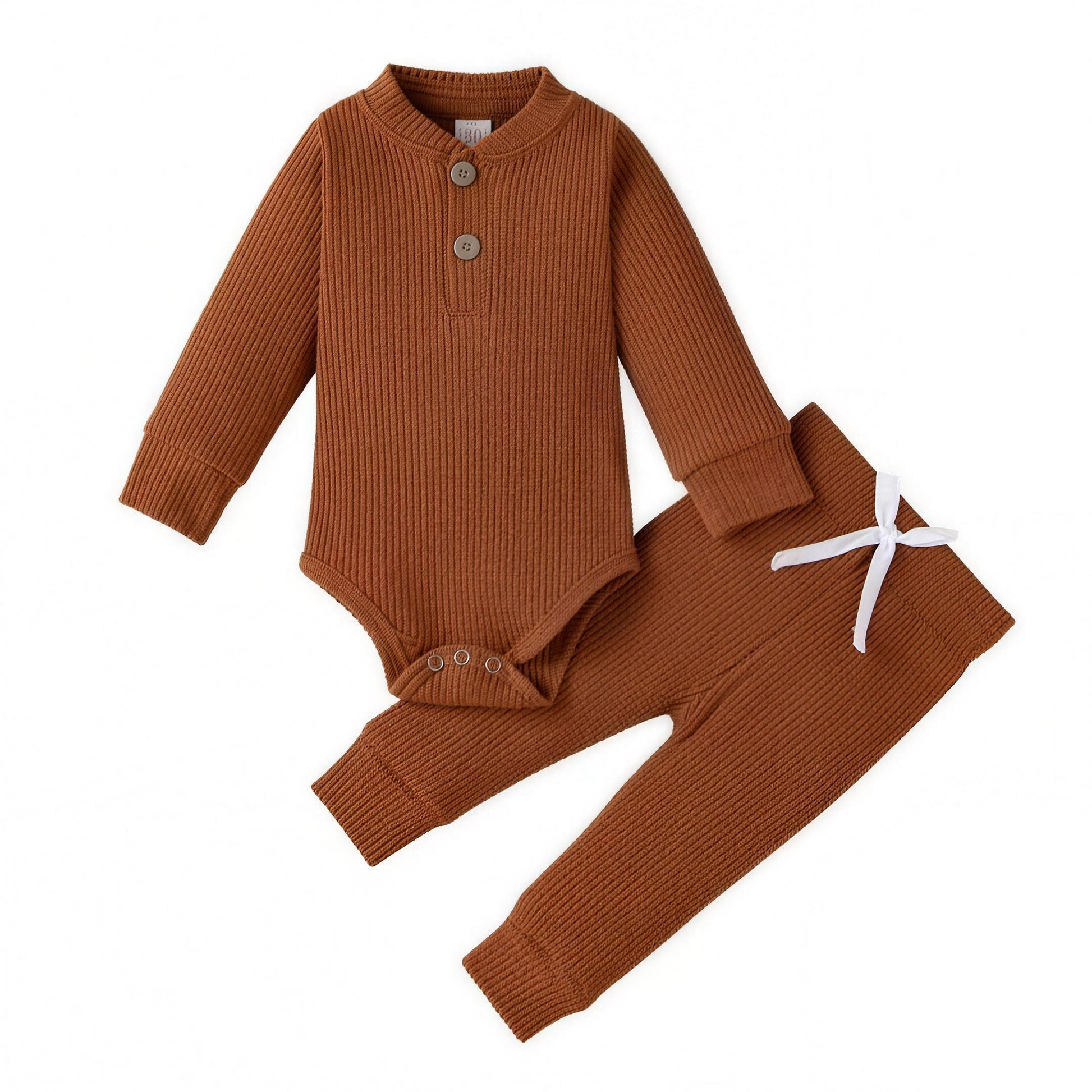 Ribbed Henley Outfit Set - Rust - professional studio photo