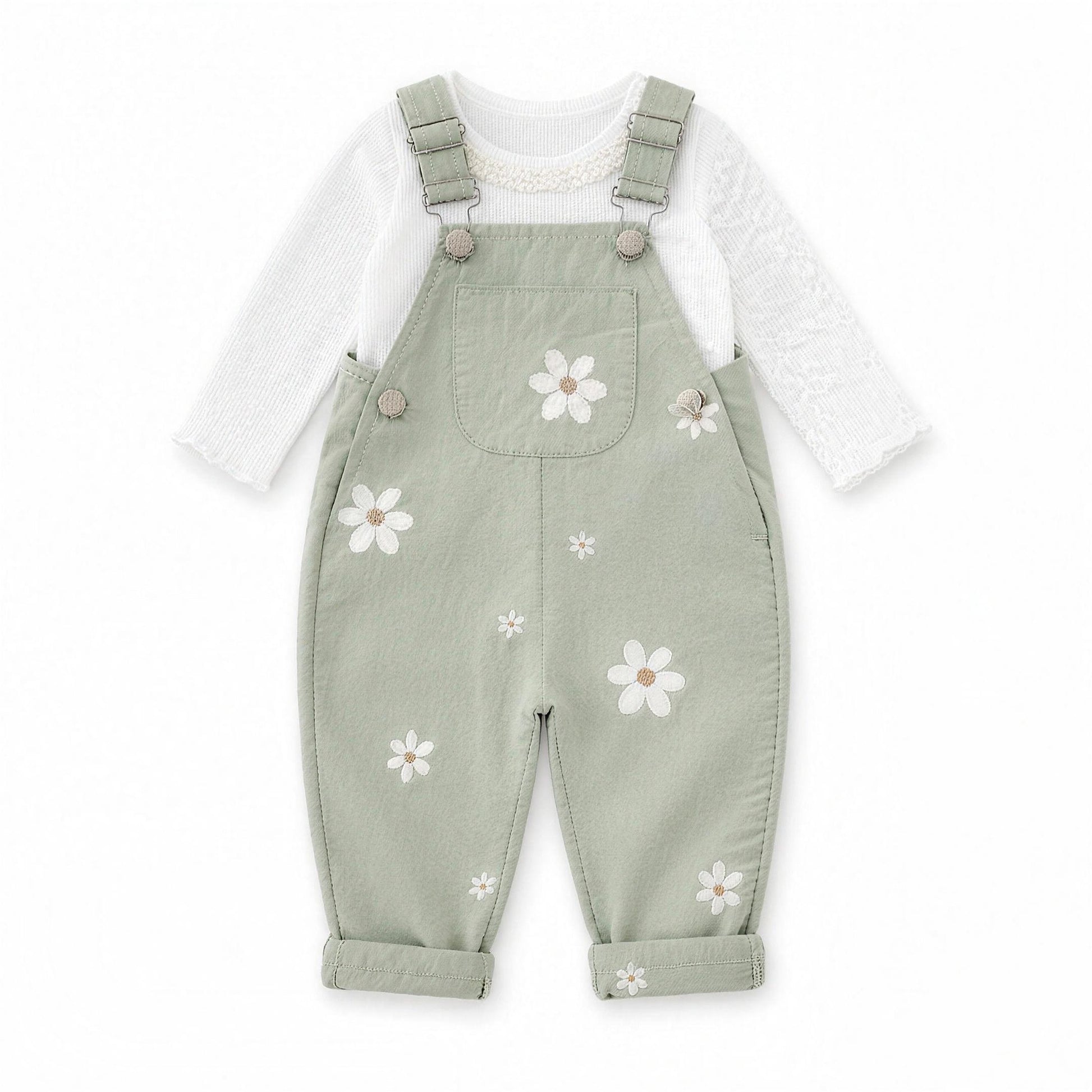 Daisy Embroidered Overalls - Sage Green